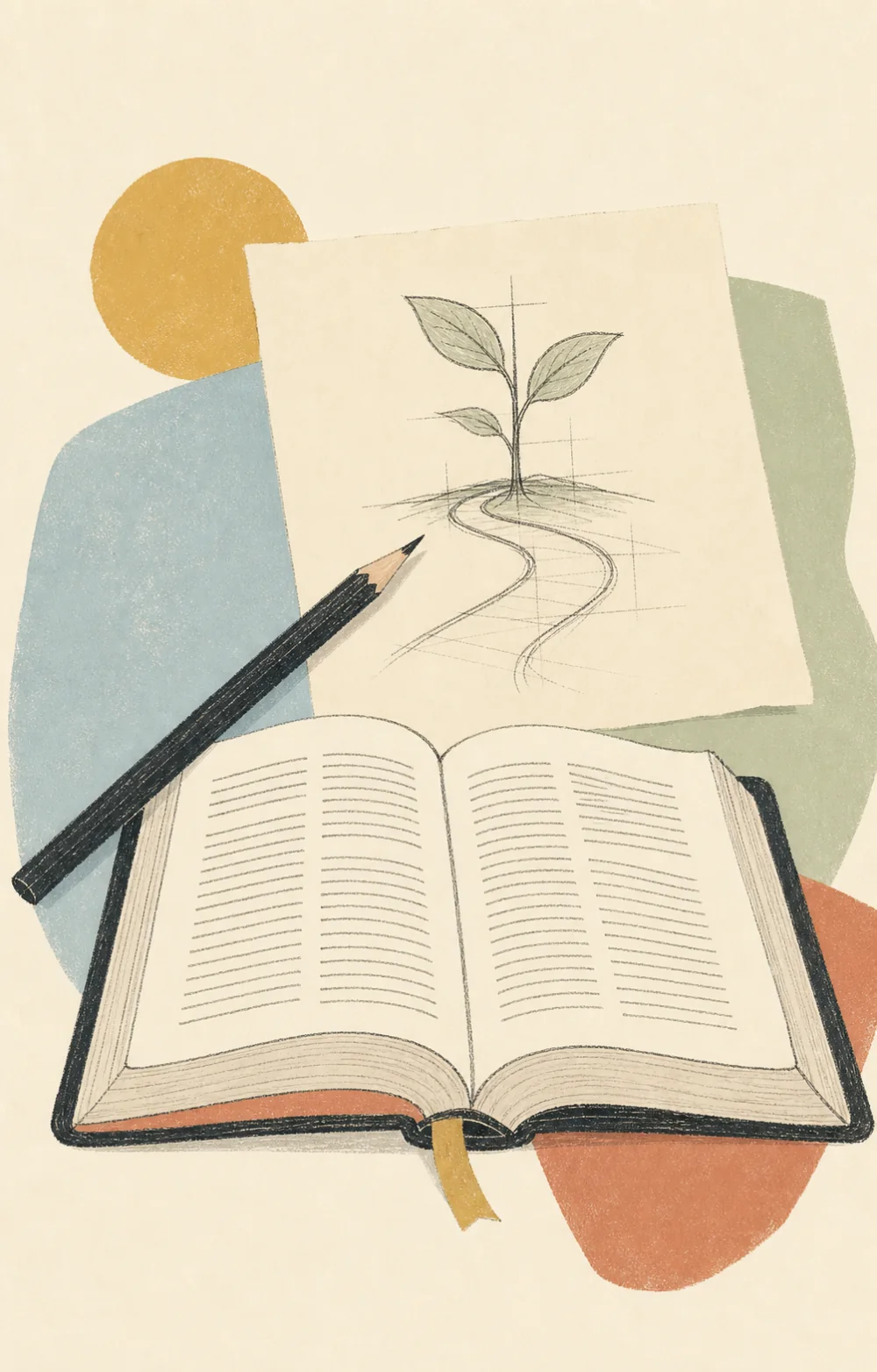 An illustrated open Bible, pencil and unfinished drawing of a seedling beside a winding path