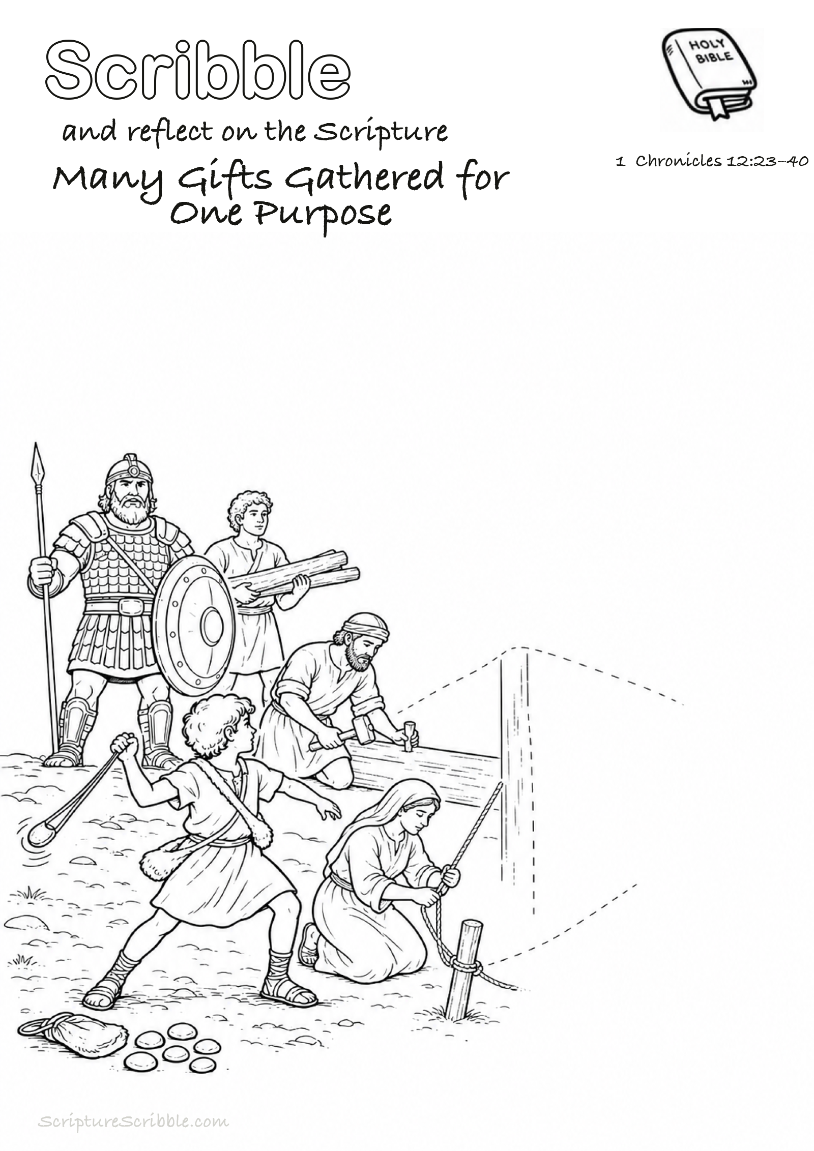 Black-and-white 1 Chronicles 12:23–40 devotional drawing page titled Many Gifts Gathered for One Purpose, with a branded header, Bible reference and unfinished Bible scene.