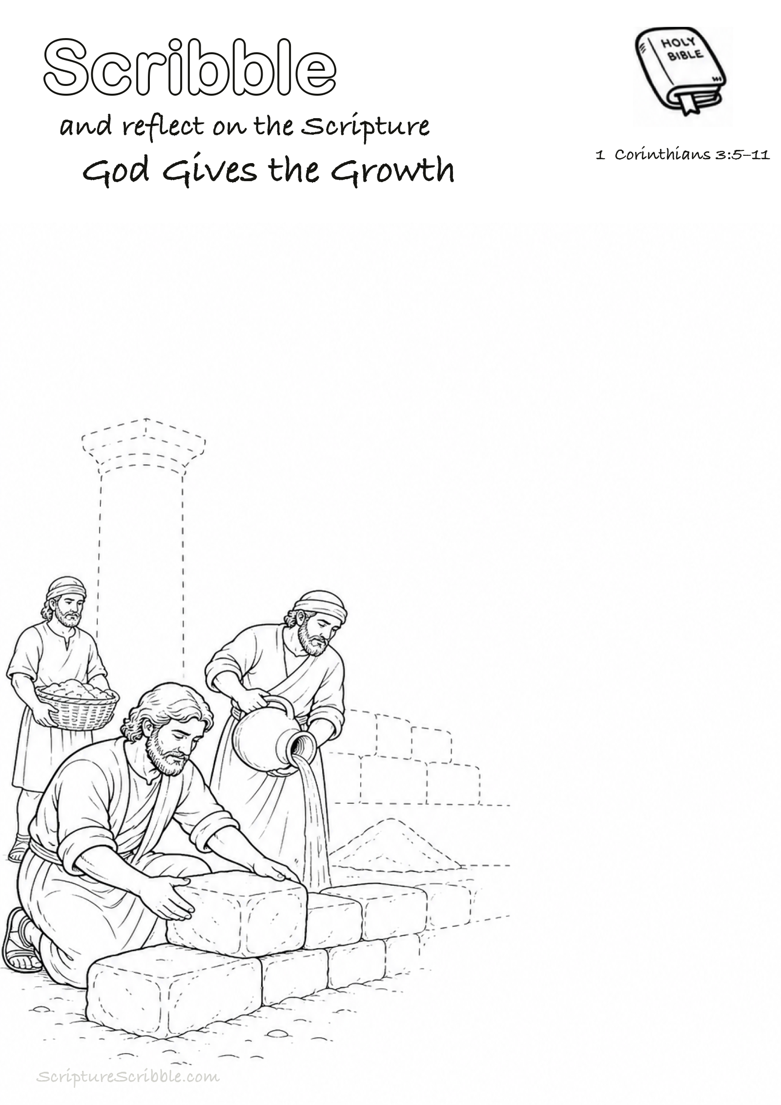 Black-and-white 1 Corinthians 3:5–11 devotional drawing page titled God Gives the Growth, with a branded header, Bible reference and unfinished Bible scene.