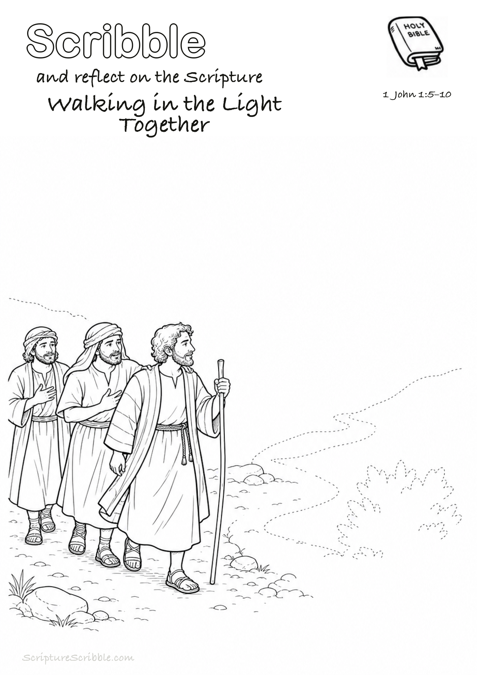 Black-and-white 1 John 1:5–10 devotional drawing page titled Walking in the Light Together, with a branded header, Bible reference and unfinished Bible scene.