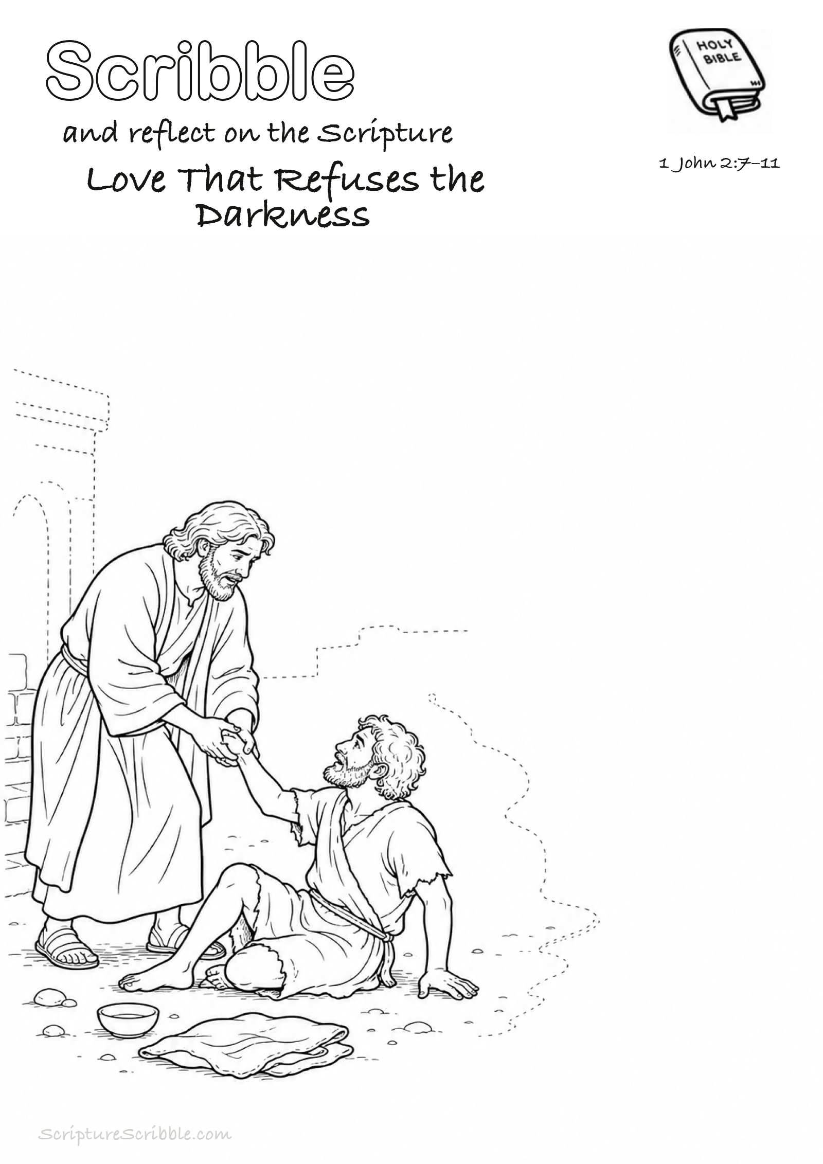 Black-and-white 1 John 2:7–11 devotional drawing page titled Love That Refuses the Darkness, with a branded header, Bible reference and unfinished Bible scene.