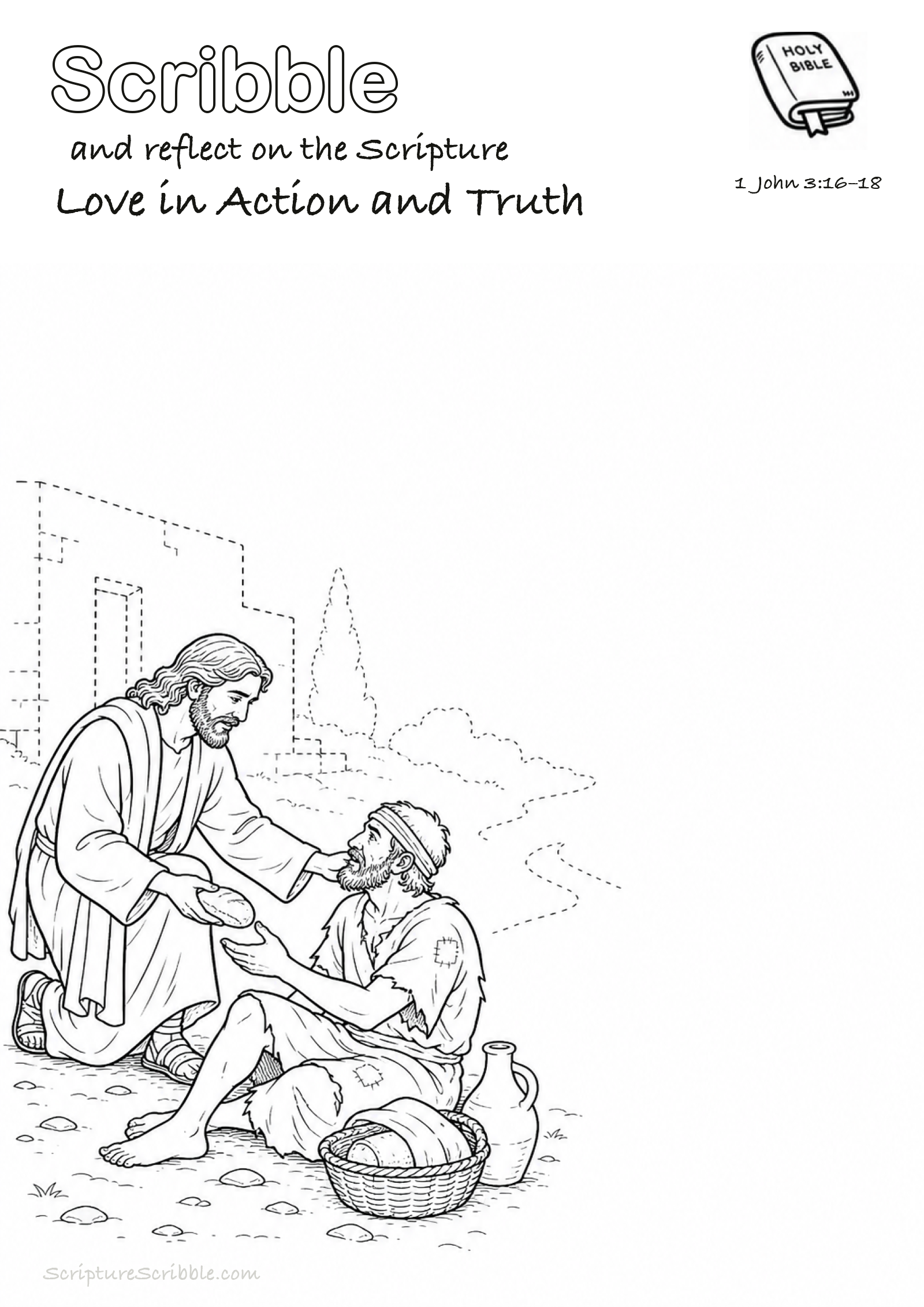 Black-and-white 1 John 3:16–18 devotional drawing page titled Love in Action and Truth, with a branded header, Bible reference and unfinished Bible scene.
