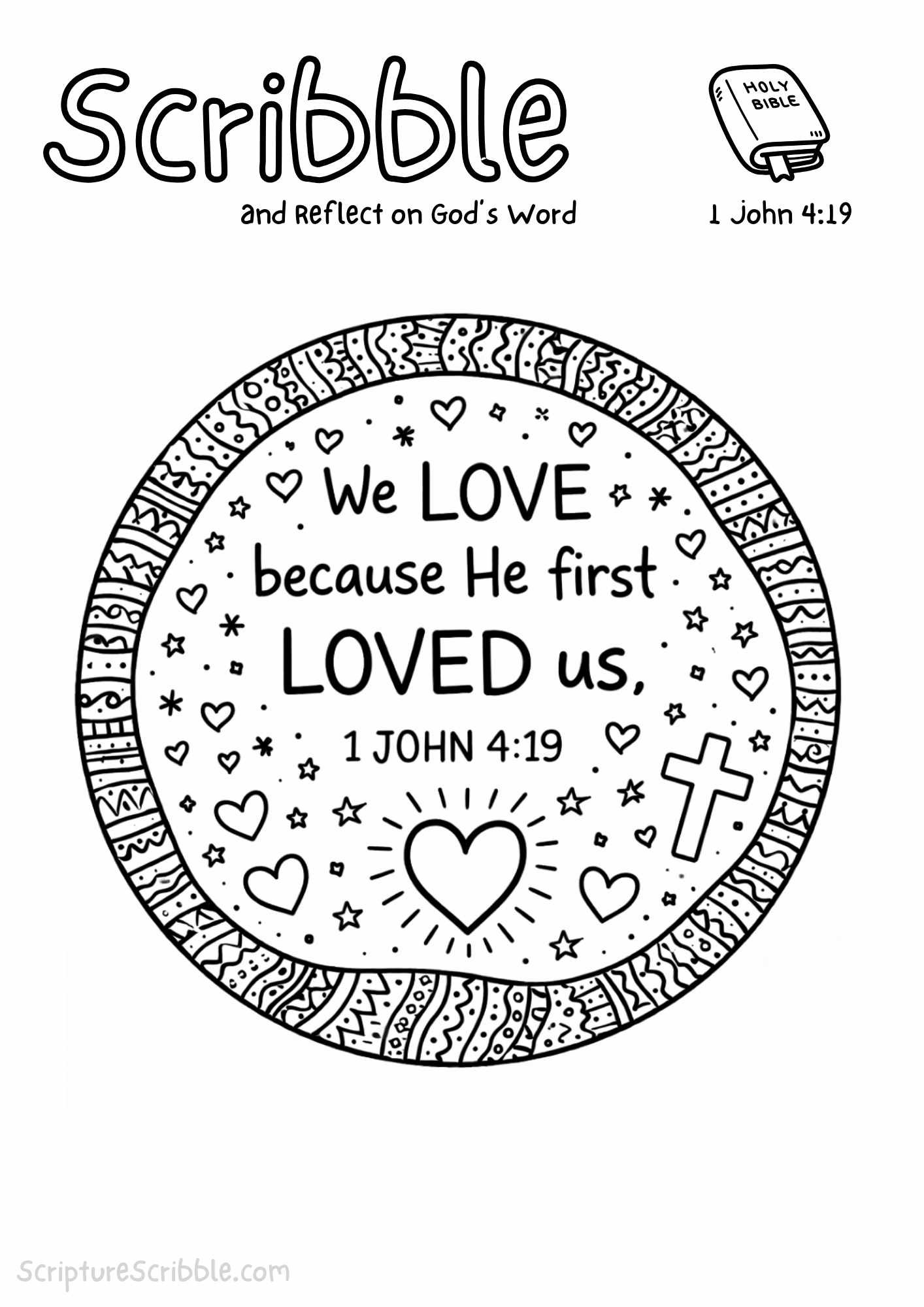 Printable reflection and drawing activity for 1 John 4:19 Coloring Page – We Love Because He First Loved Us Printable