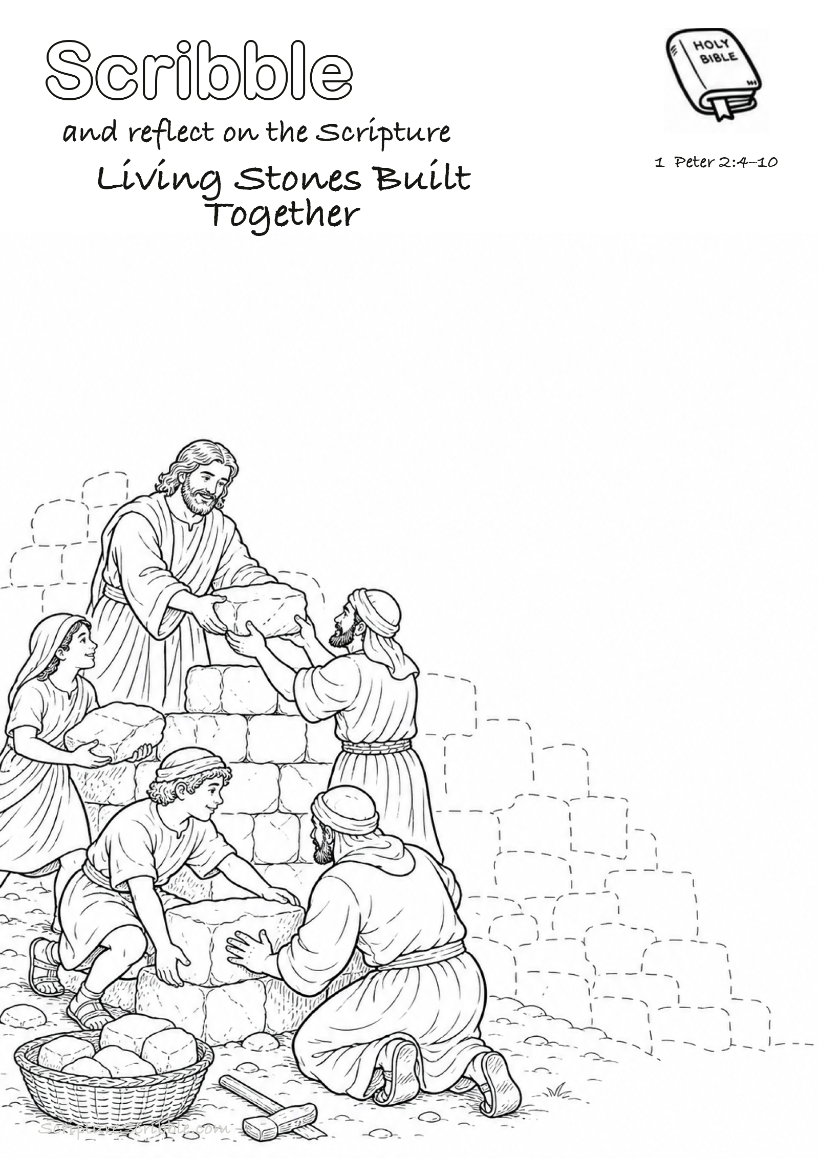 Black-and-white 1 Peter 2:4–10 devotional drawing page titled Living Stones Built Together, with a branded header, Bible reference and unfinished Bible scene.