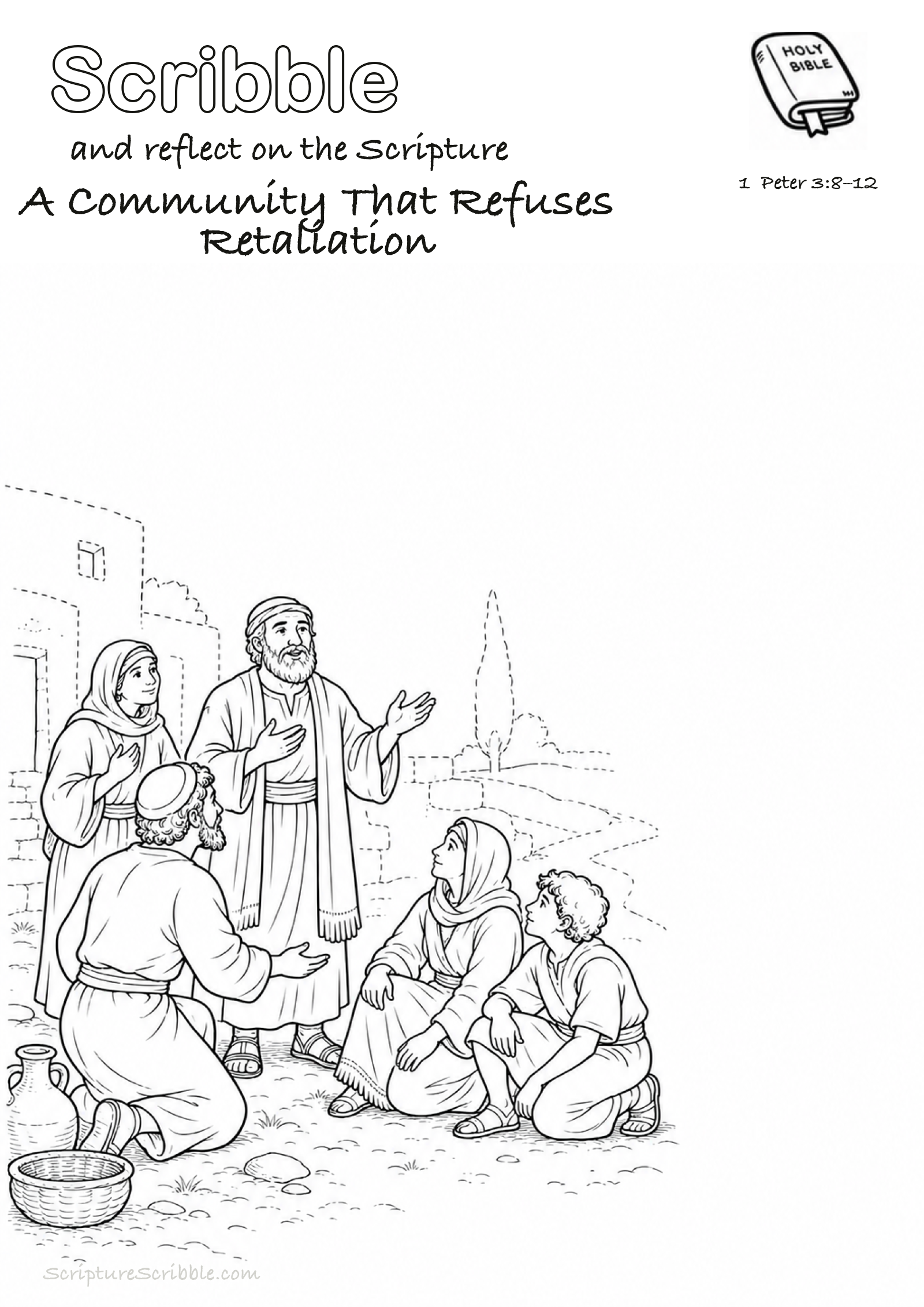 Black-and-white 1 Peter 3:8–12 devotional drawing page titled A Community That Refuses Retaliation, with a branded header, Bible reference and unfinished Bible scene.