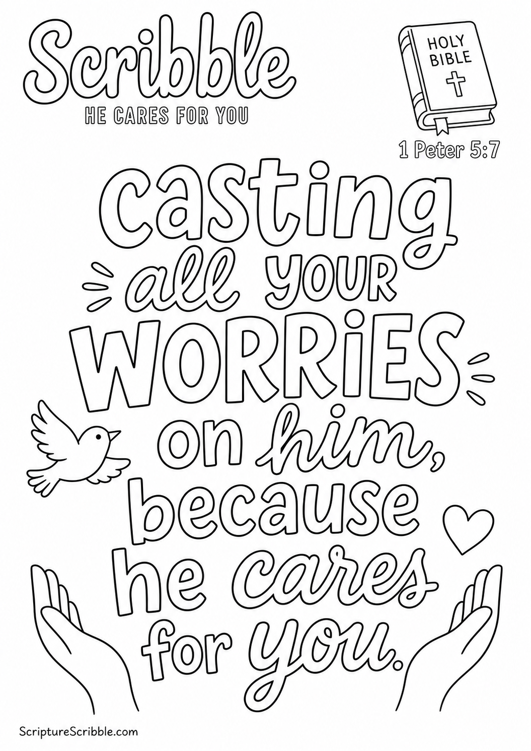 Black-and-white 1 Peter 5:7 Scripture typography colouring page with the verse in large, clear outlined lettering.