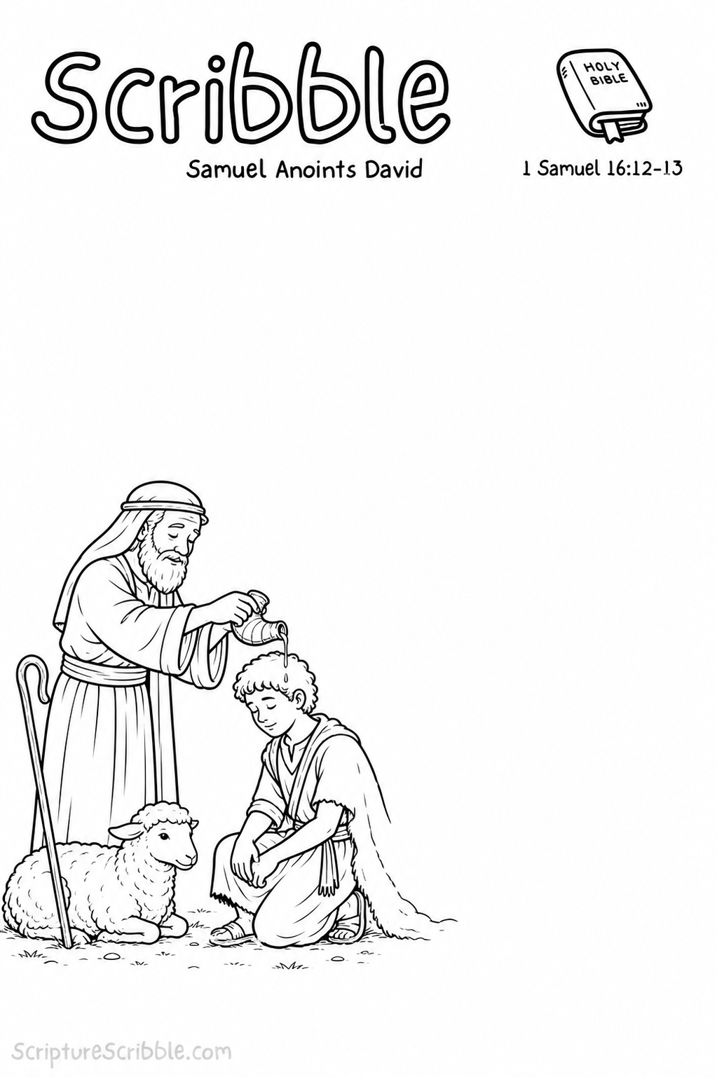 Black-and-white 1 Samuel 16:12–13 Scribble printable showing Samuel pouring oil onto young David beside a sheep and shepherd staff.