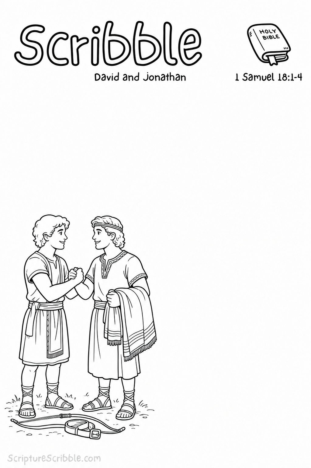 Black-and-white 1 Samuel 18:1–4 Scribble printable showing David and Jonathan clasping arms beside a folded robe, bow and belt.