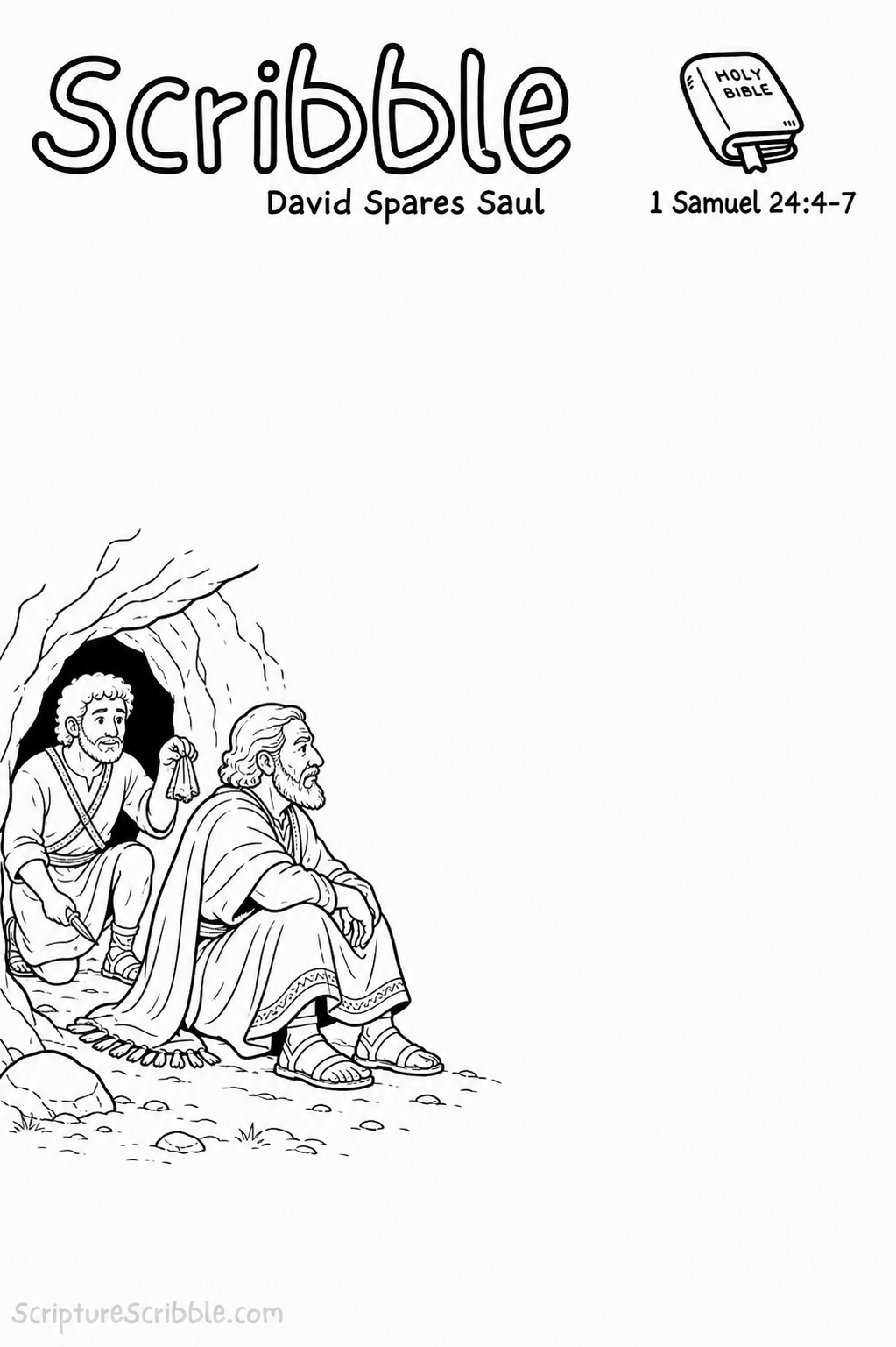Black-and-white 1 Samuel 24:4–7 Scribble printable showing David holding a cut robe corner behind Saul at the mouth of a cave.