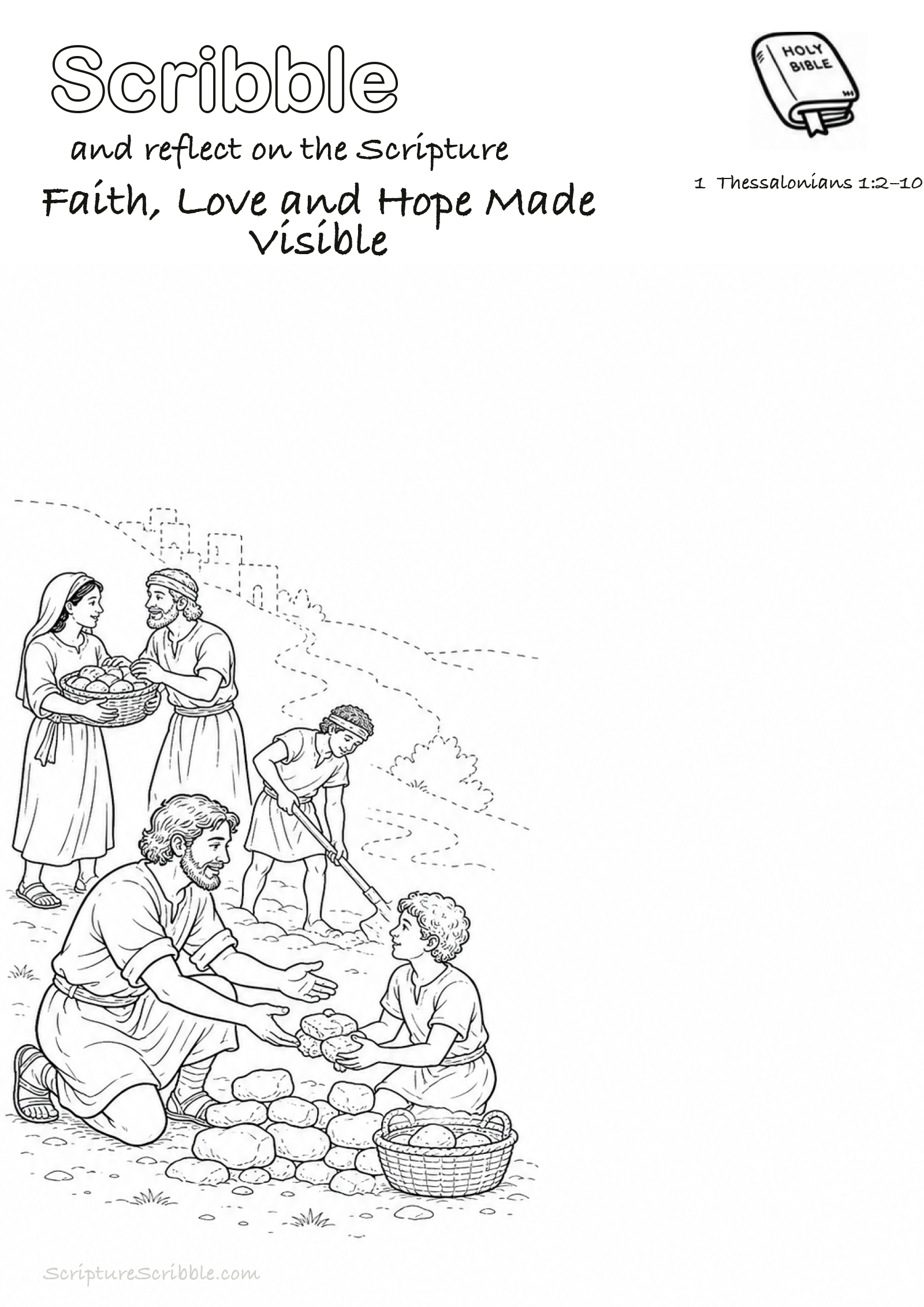 Black-and-white 1 Thessalonians 1:2–10 devotional drawing page titled Faith, Love and Hope Made Visible, with a branded header, Bible reference and unfinished Bible scene.