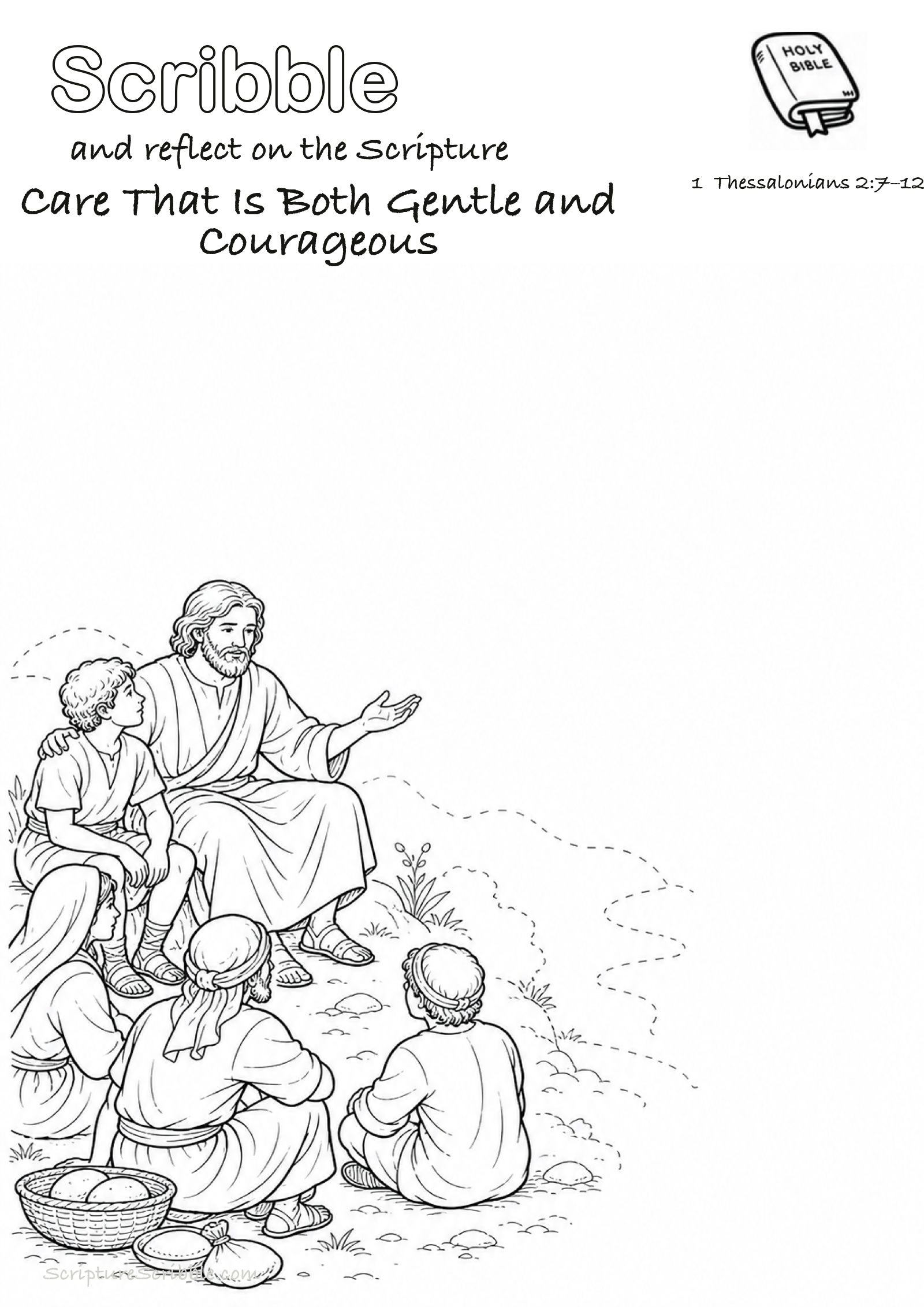 Black-and-white 1 Thessalonians 2:7–12 devotional drawing page titled Care That Is Both Gentle and Courageous, with a branded header, Bible reference and unfinished Bible scene.