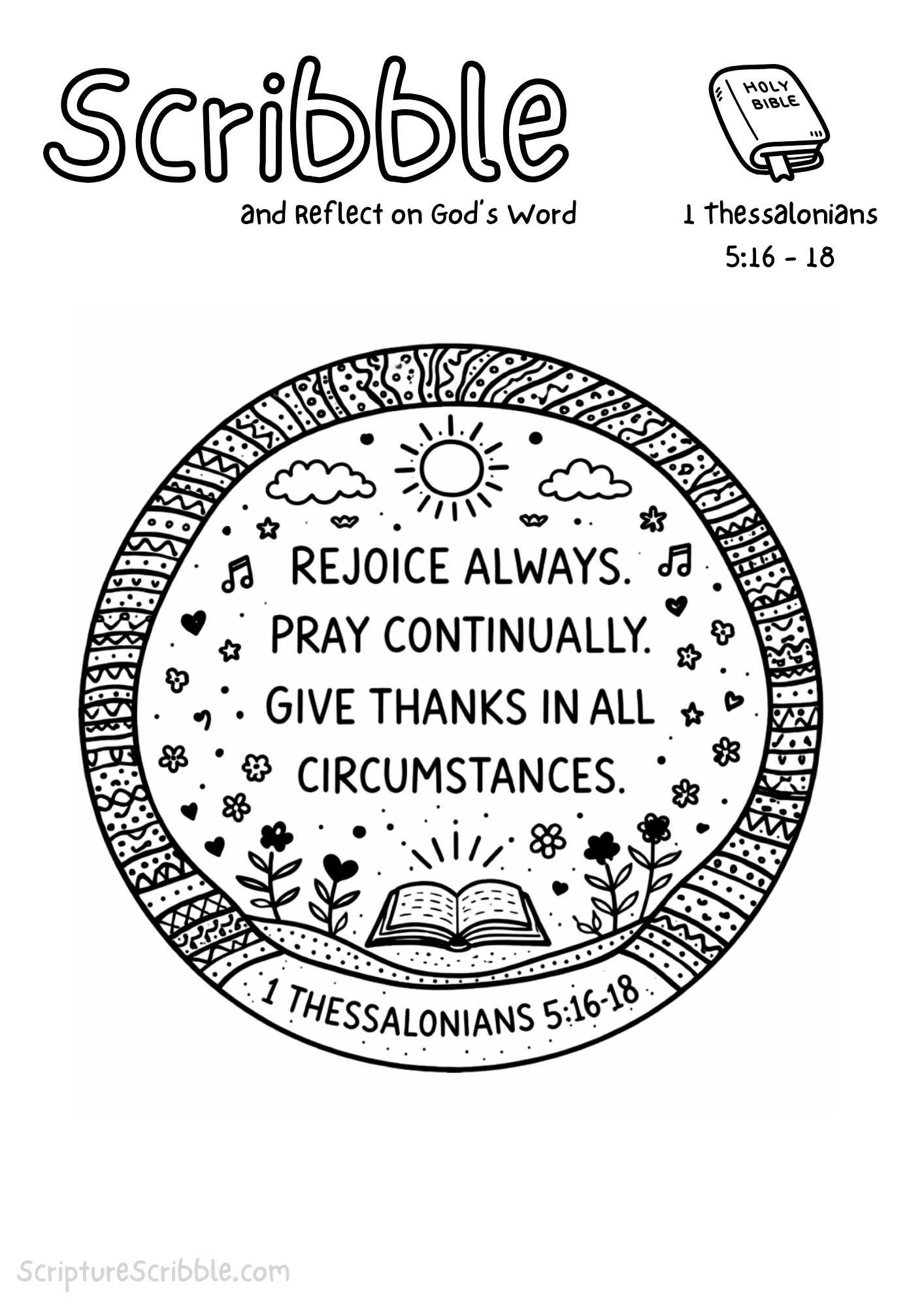 Printable reflection and drawing activity for 1 Thessalonians 5:16–18 Coloring Page – Rejoice Always Printable