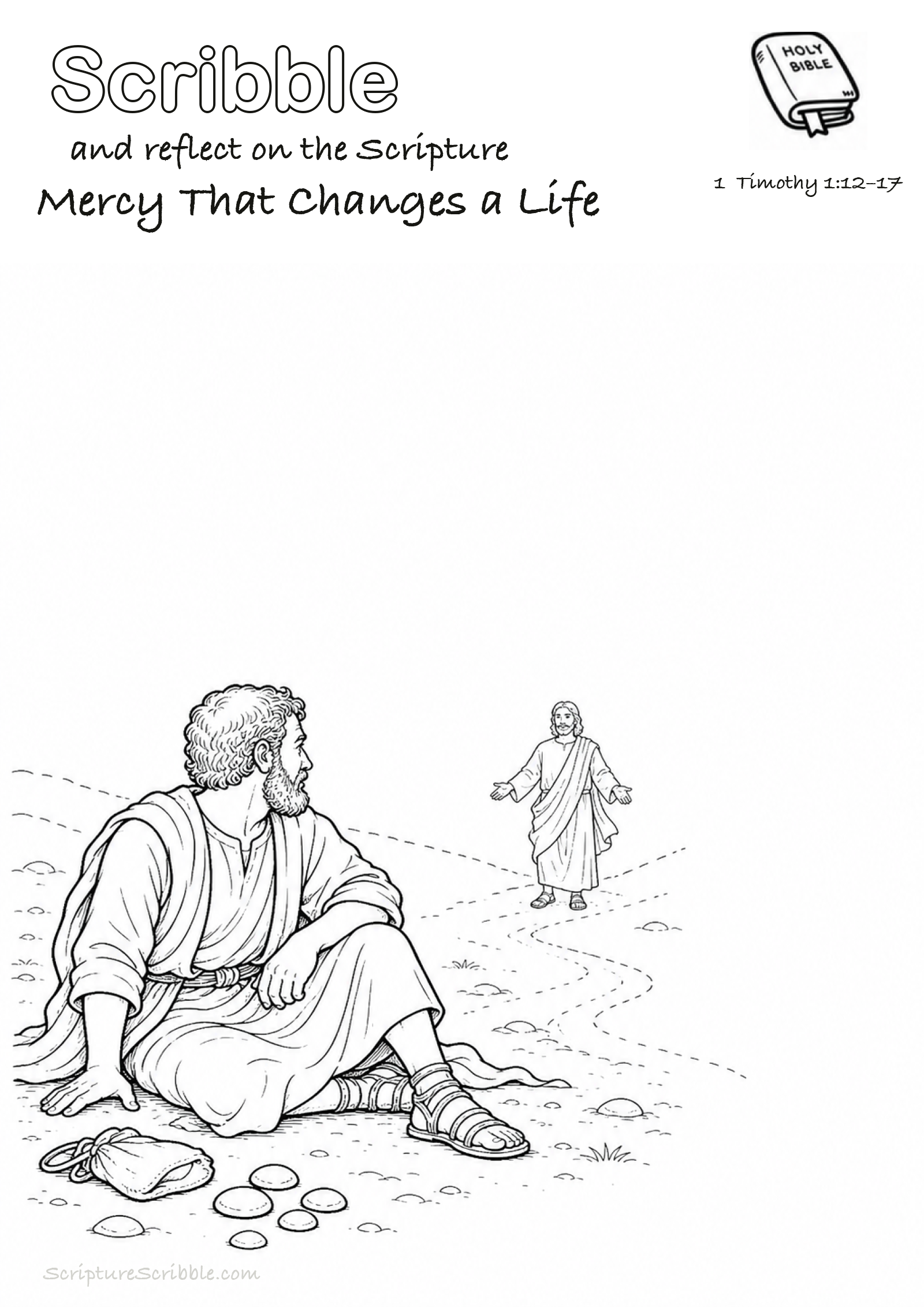 Black-and-white 1 Timothy 1:12–17 devotional drawing page titled Mercy That Changes a Life, with a branded header, Bible reference and unfinished Bible scene.