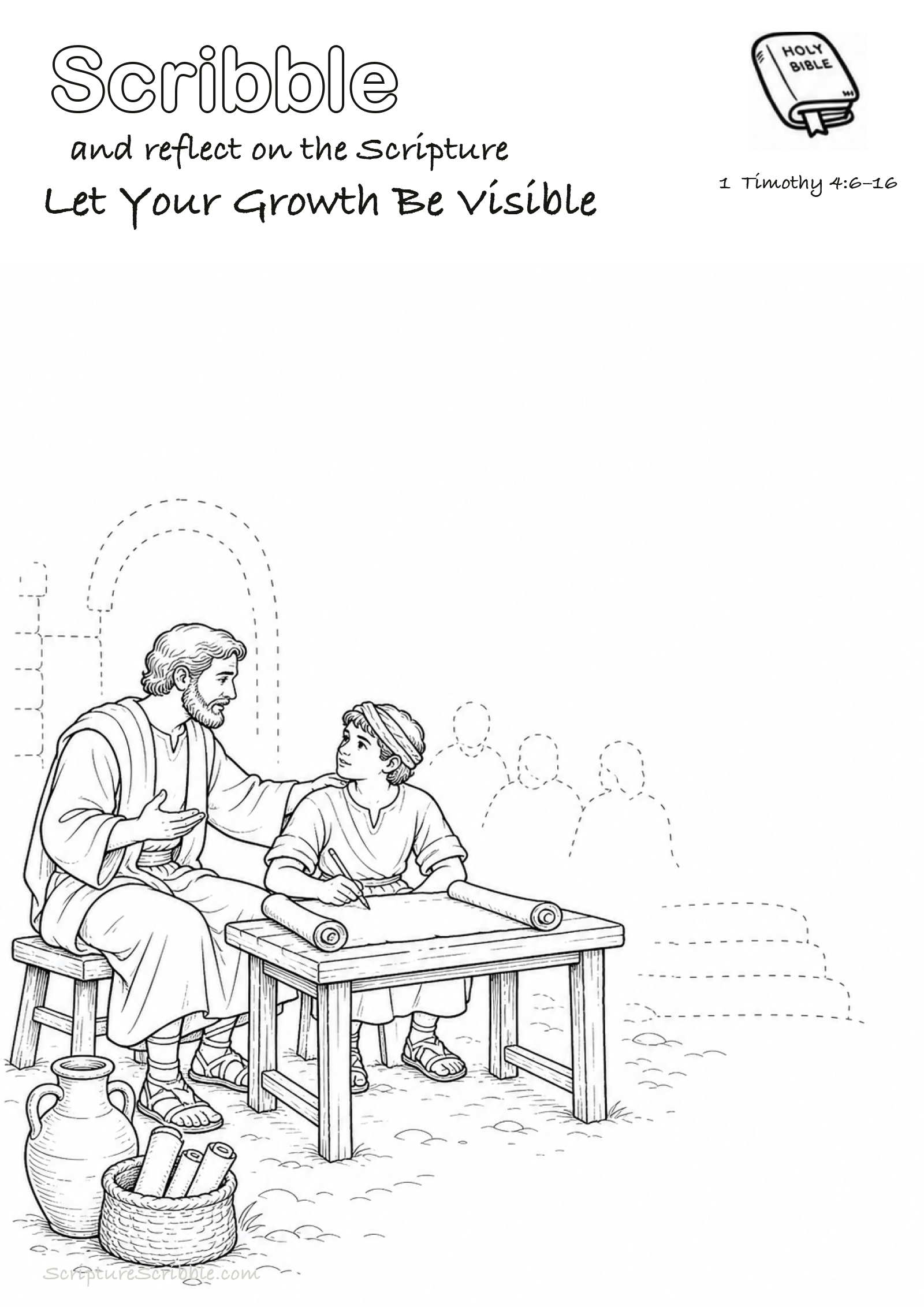 Black-and-white 1 Timothy 4:6–16 devotional drawing page titled Let Your Growth Be Visible, with a branded header, Bible reference and unfinished Bible scene.