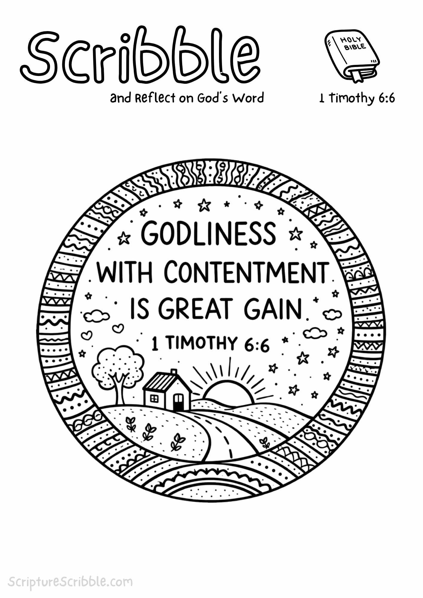Printable reflection and drawing activity for 1 Timothy 6:6 Coloring Page – Godliness with Contentment Printable