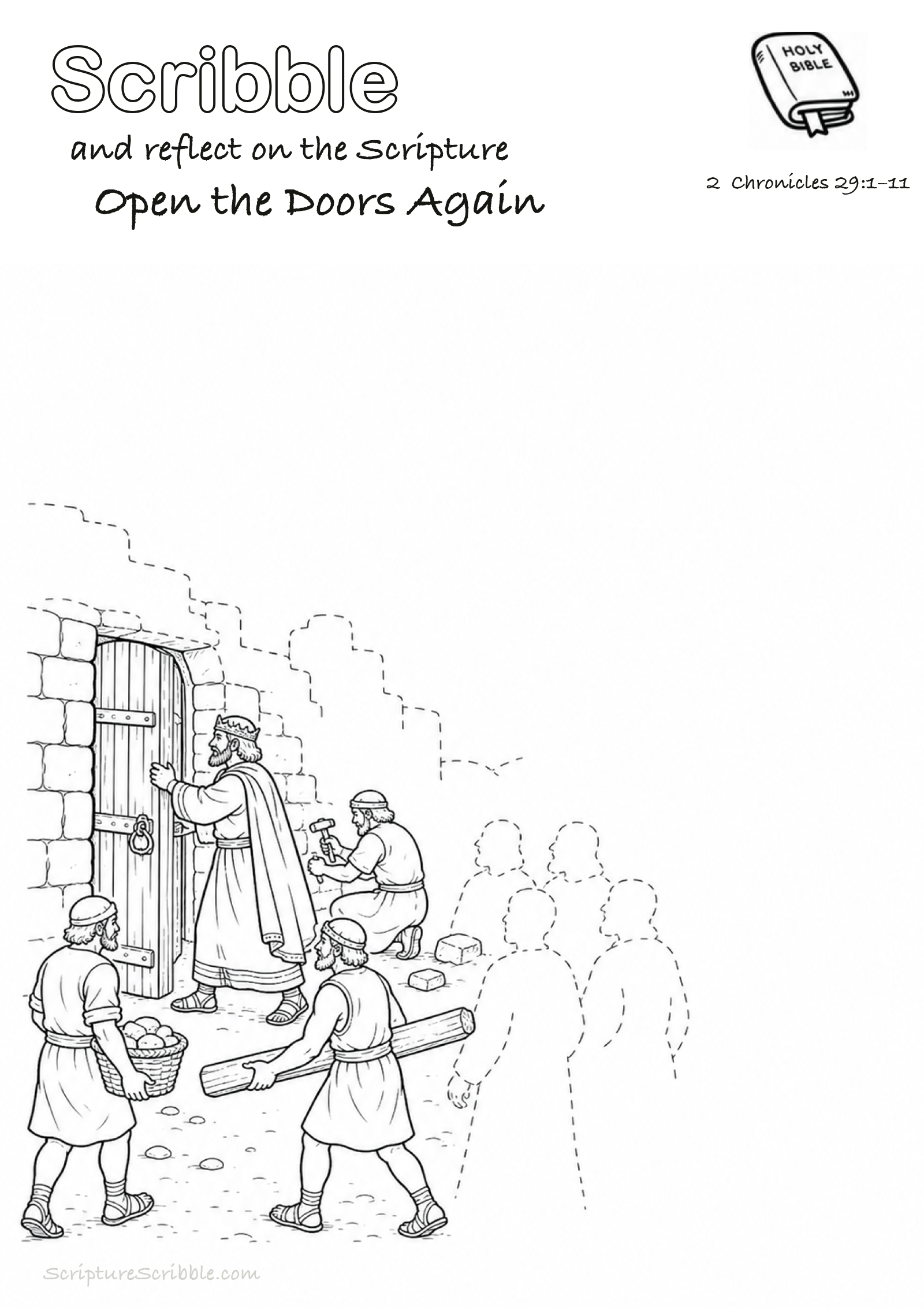 Black-and-white 2 Chronicles 29:1–11 devotional drawing page titled Open the Doors Again, with a branded header, Bible reference and unfinished Bible scene.
