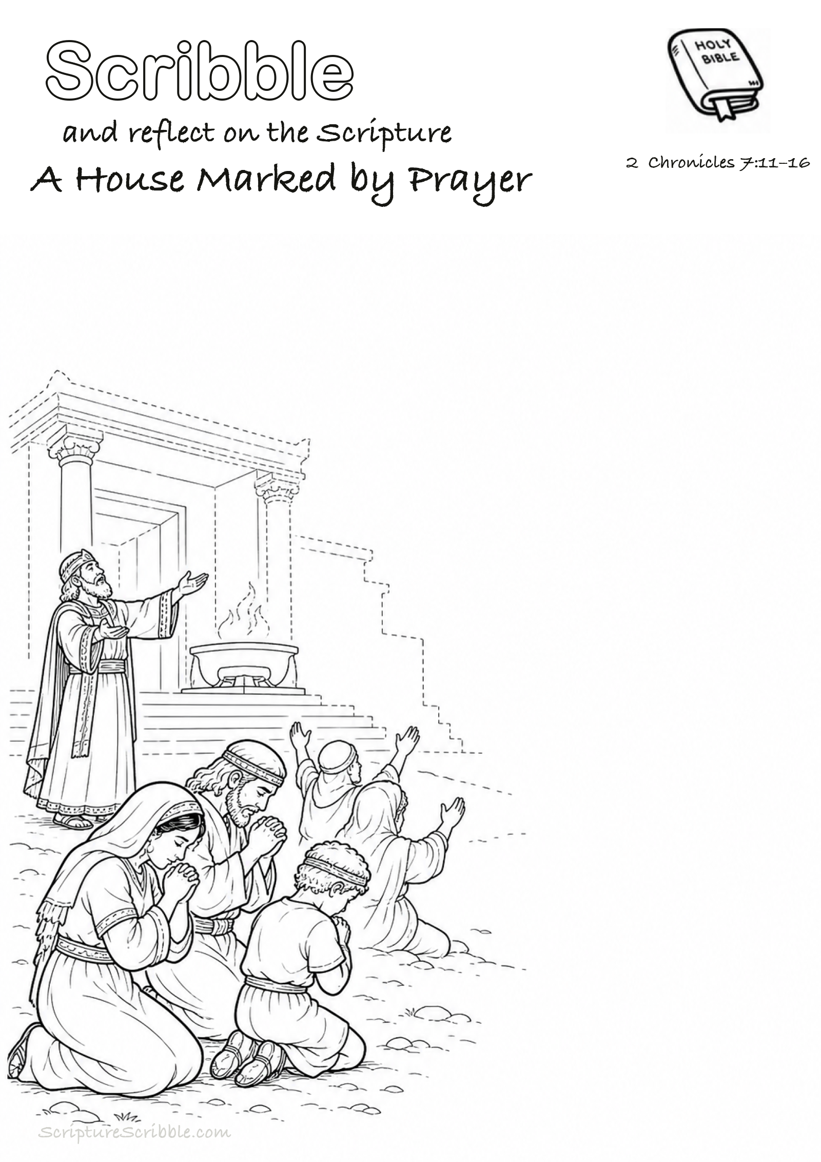 Black-and-white 2 Chronicles 7:11–16 devotional drawing page titled A House Marked by Prayer, with a branded header, Bible reference and unfinished Bible scene.