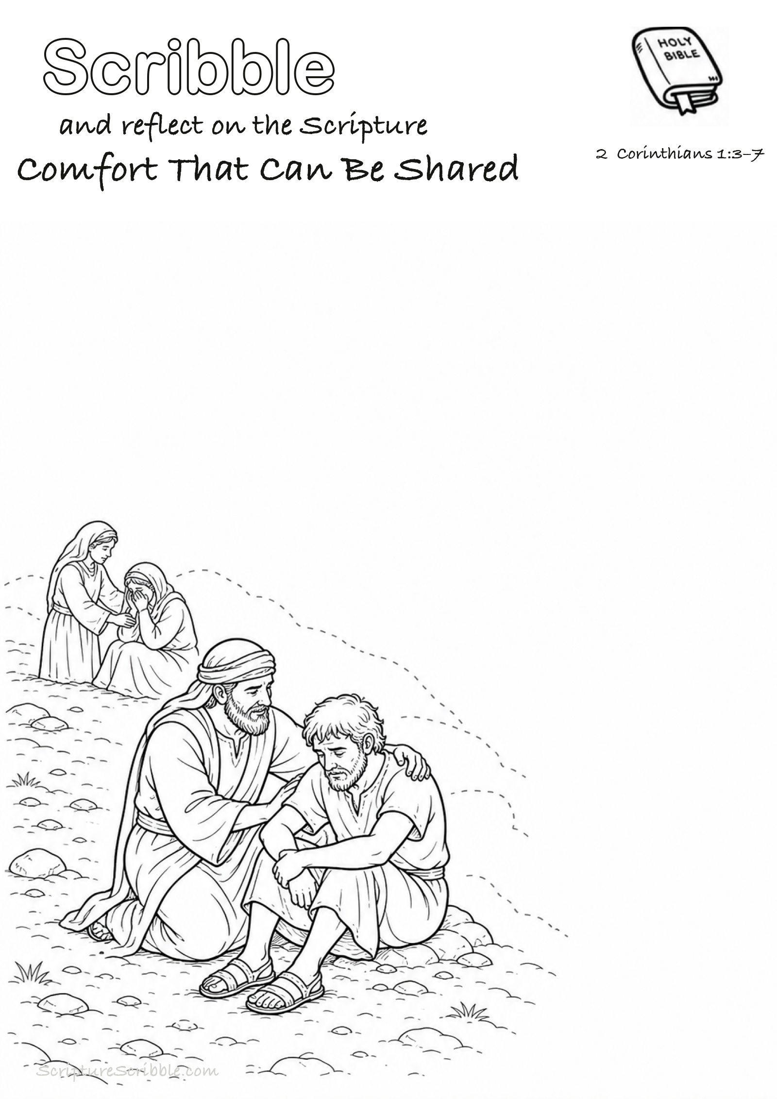 Black-and-white 2 Corinthians 1:3–7 devotional drawing page titled Comfort That Can Be Shared, with a branded header, Bible reference and unfinished Bible scene.