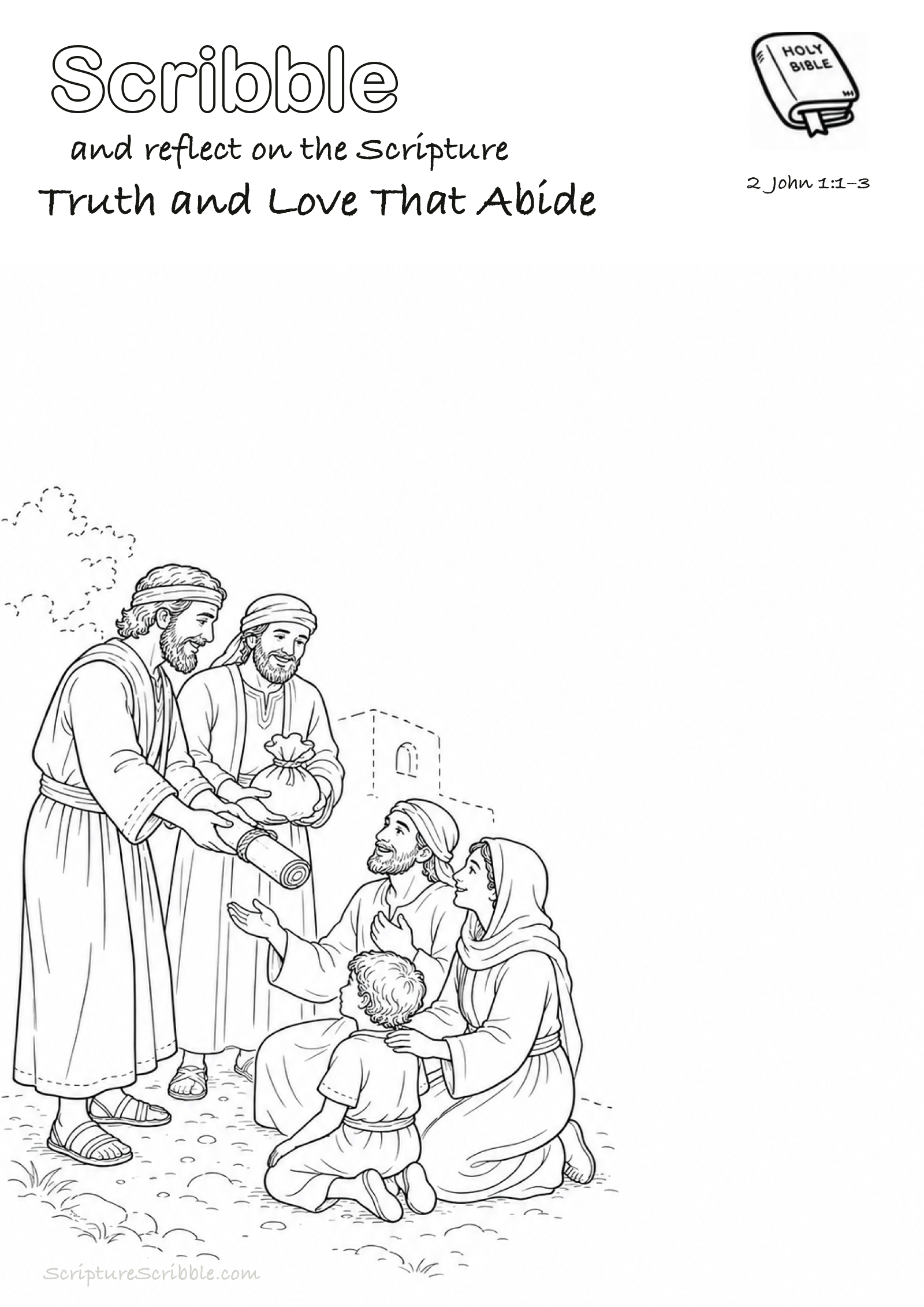 Black-and-white 2 John 1:1–3 devotional drawing page titled Truth and Love That Abide, with a branded header, Bible reference and unfinished Bible scene.