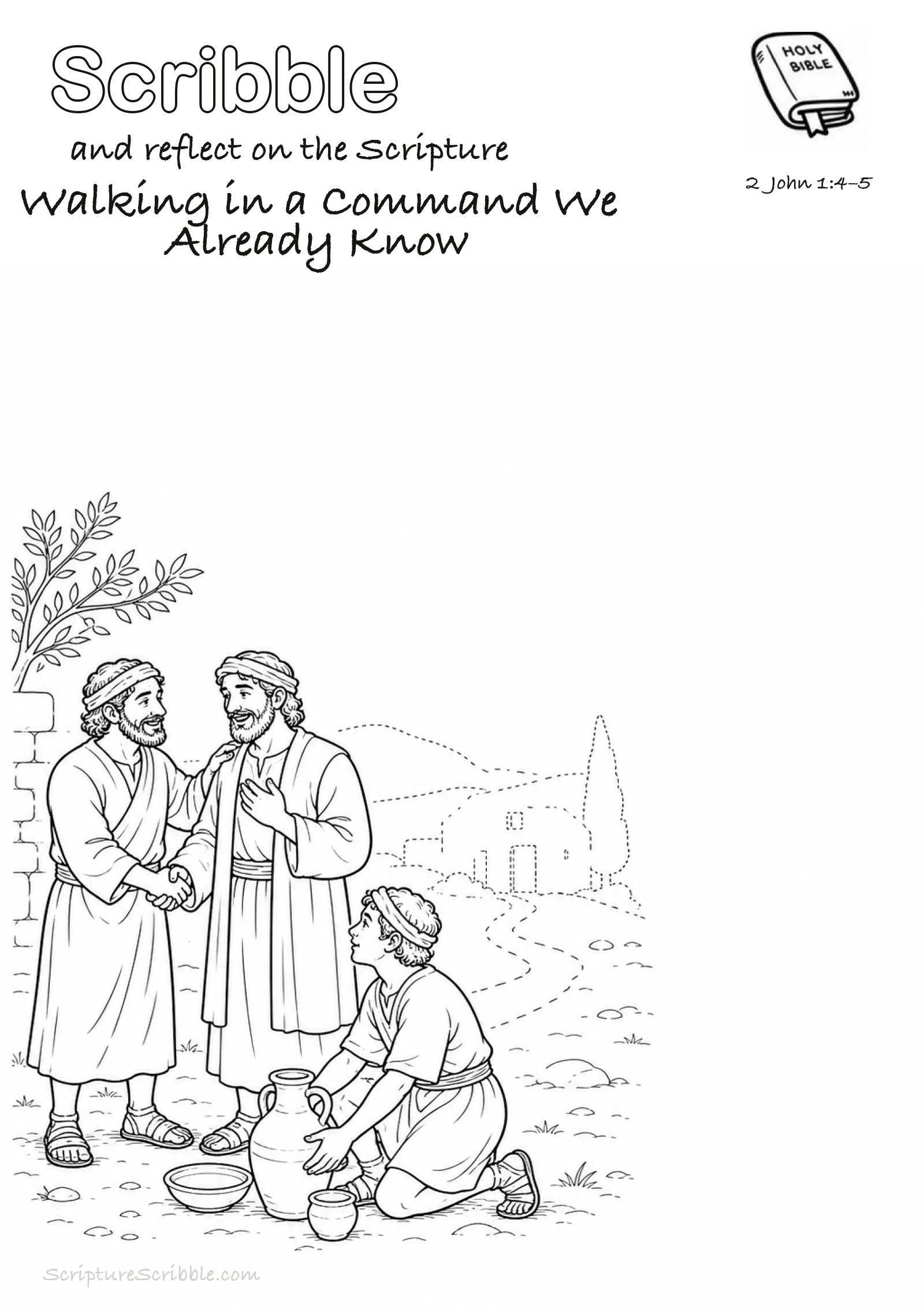Black-and-white 2 John 1:4–5 devotional drawing page titled Walking in a Command We Already Know, with a branded header, Bible reference and unfinished Bible scene.