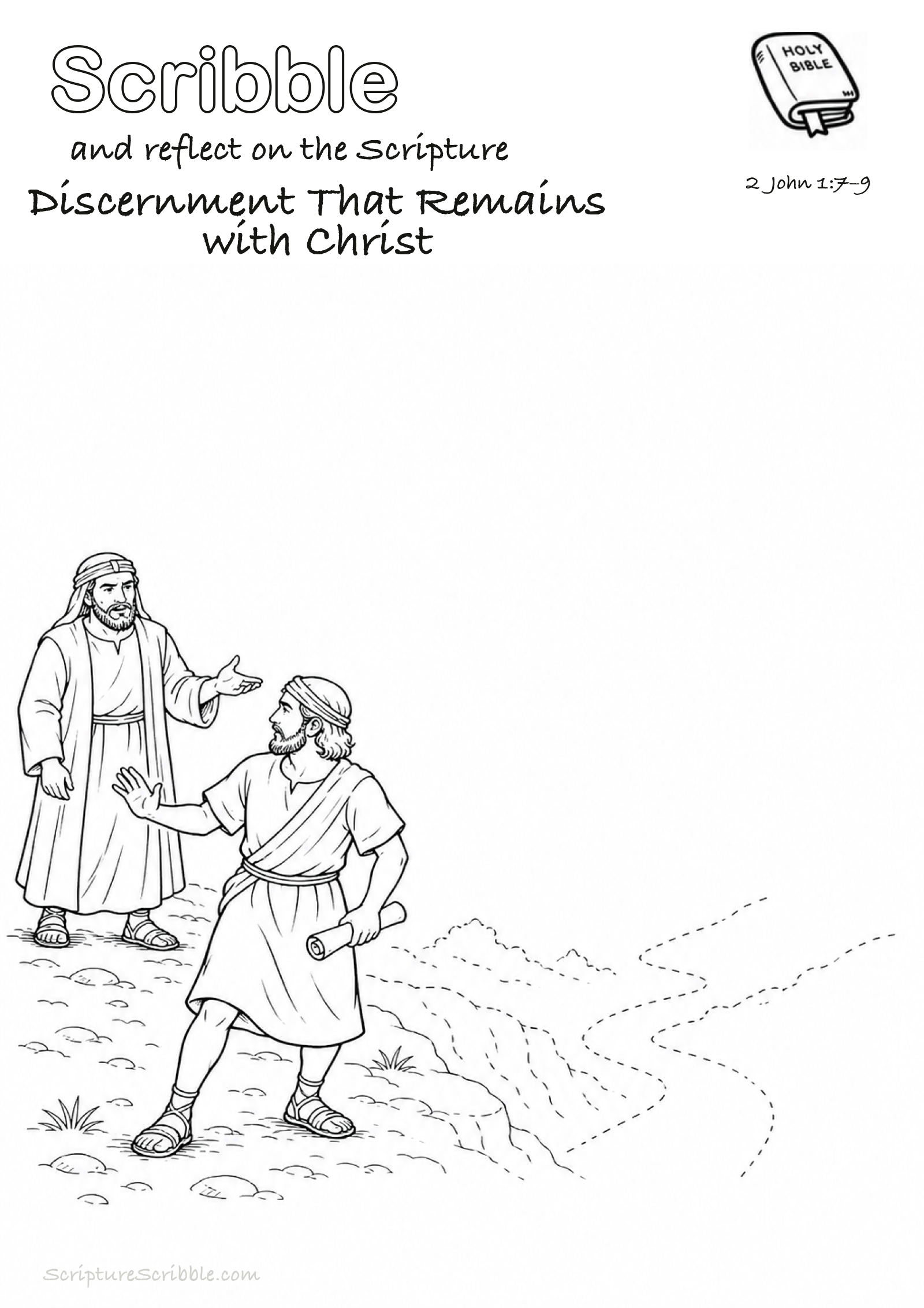 Black-and-white 2 John 1:7–9 devotional drawing page titled Discernment That Remains with Christ, with a branded header, Bible reference and unfinished Bible scene.