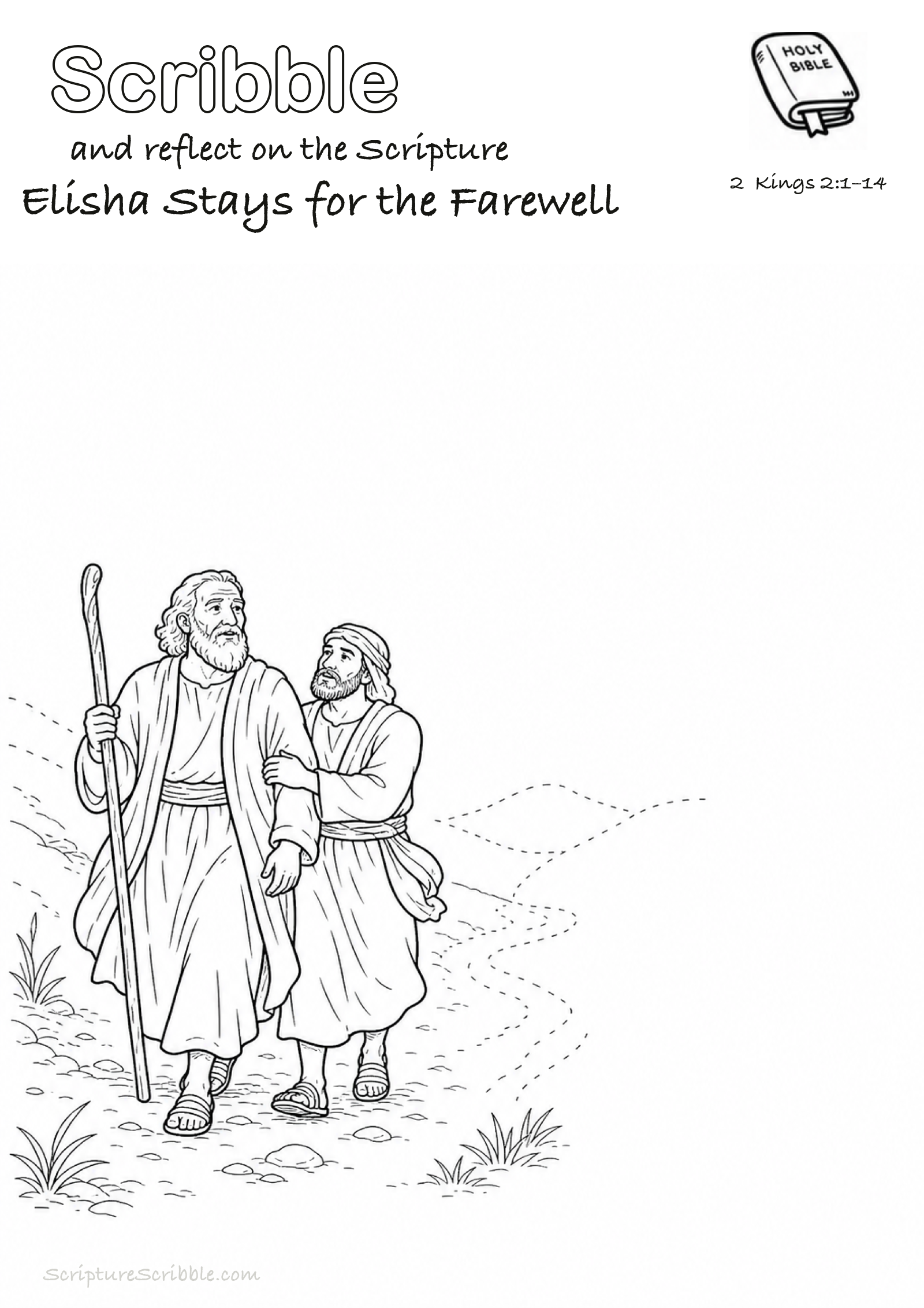 Black-and-white 2 Kings 2:1–14 devotional drawing page titled Elisha Stays for the Farewell, with a branded header, Bible reference and unfinished Bible scene.