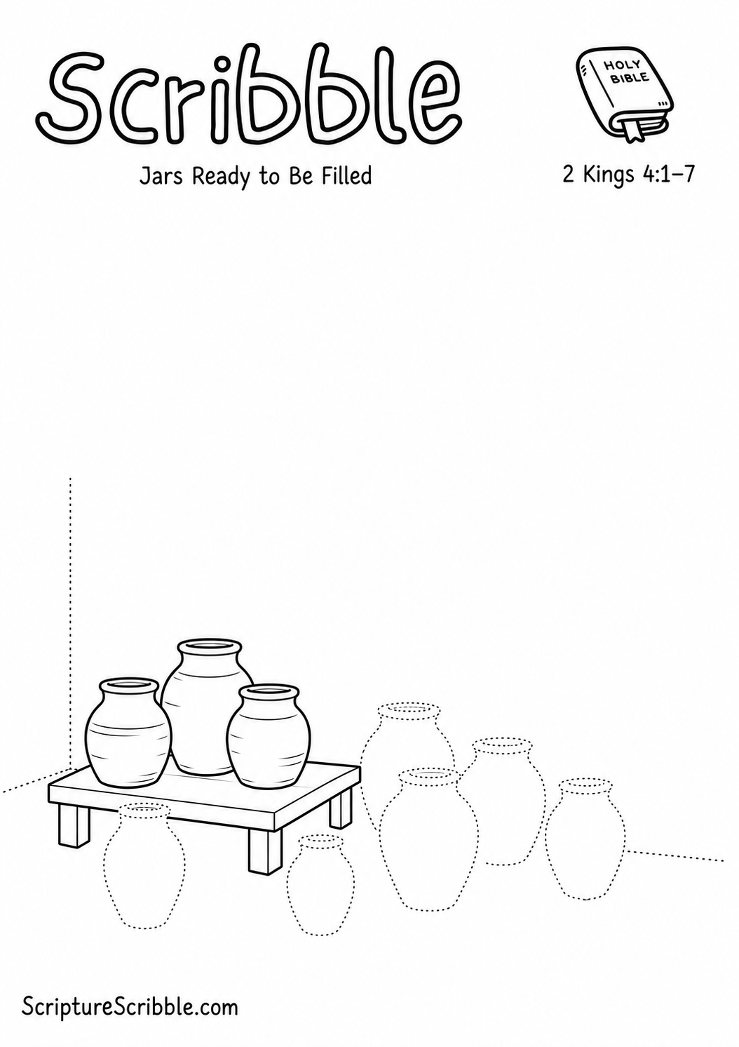 Black-and-white 2 Kings 4:1–7 devotional drawing printable titled Jars Ready to Be Filled, with an incomplete clay jars and unfinished room scene to finish
