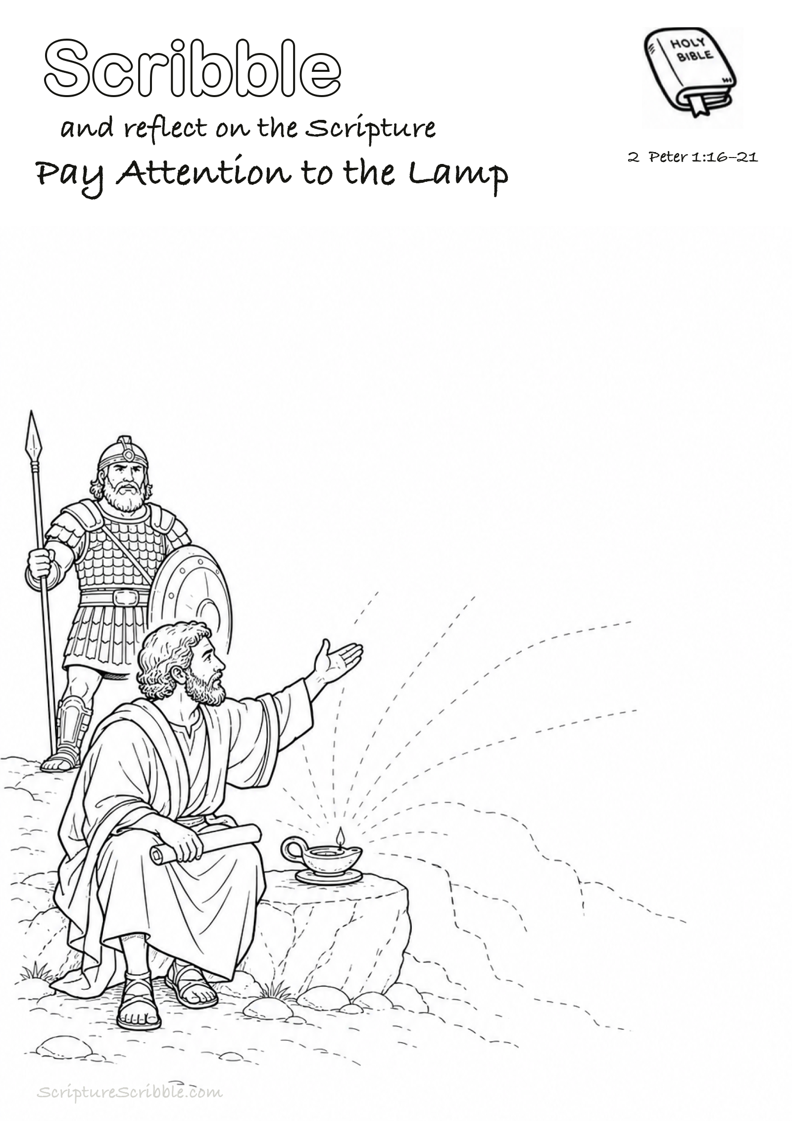 Black-and-white 2 Peter 1:16–21 devotional drawing page titled Pay Attention to the Lamp, with a branded header, Bible reference and unfinished Bible scene.