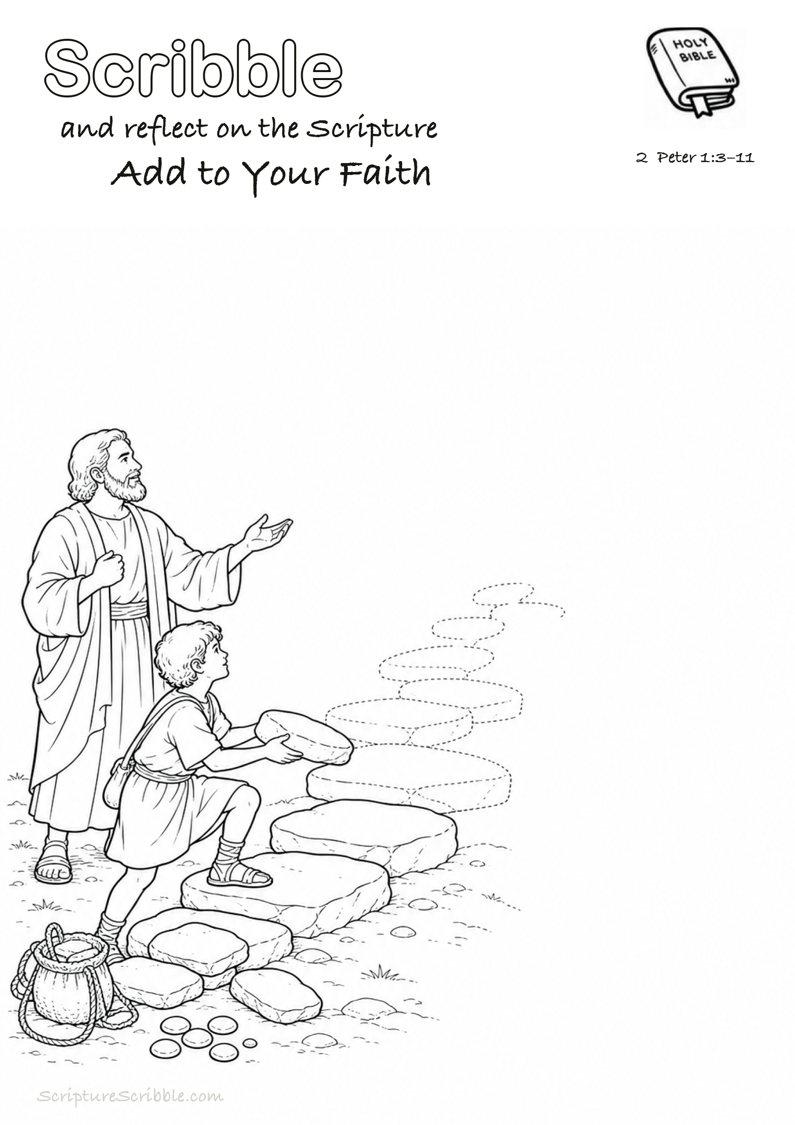 Black-and-white 2 Peter 1:3–11 devotional drawing page titled Add to Your Faith, with a branded header, Bible reference and unfinished Bible scene.