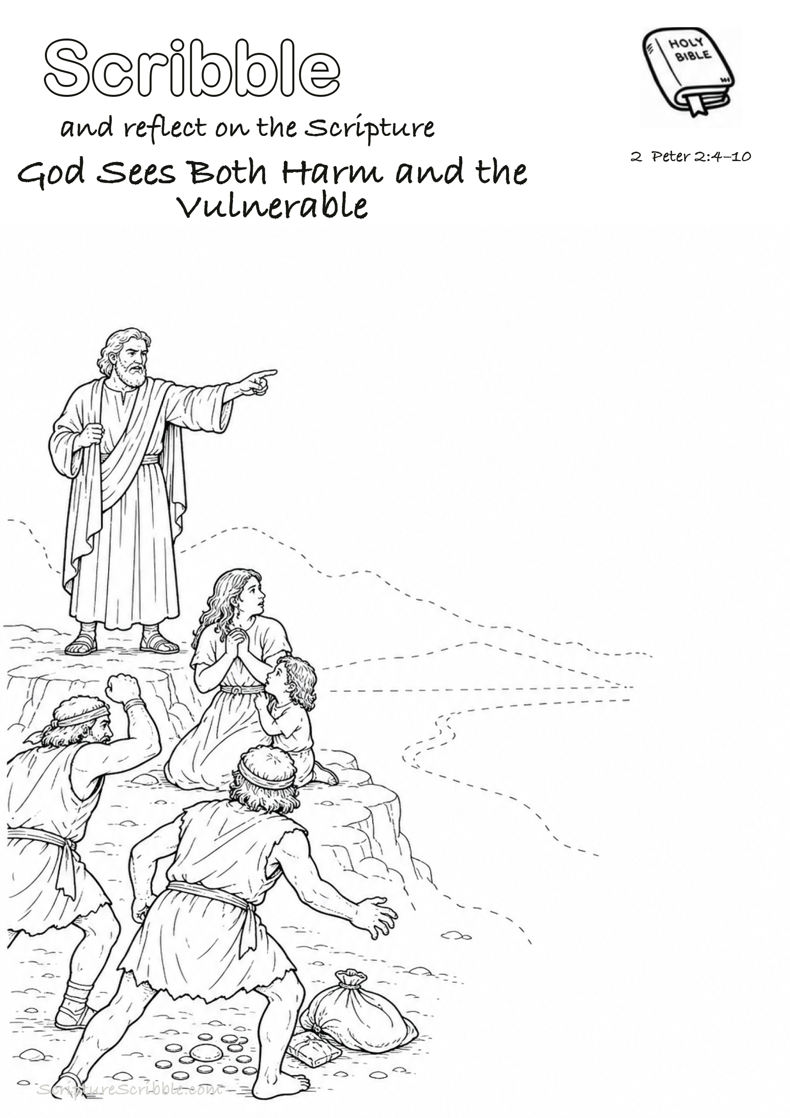 Black-and-white 2 Peter 2:4–10 devotional drawing page titled God Sees Both Harm and the Vulnerable, with a branded header, Bible reference and unfinished Bible scene.