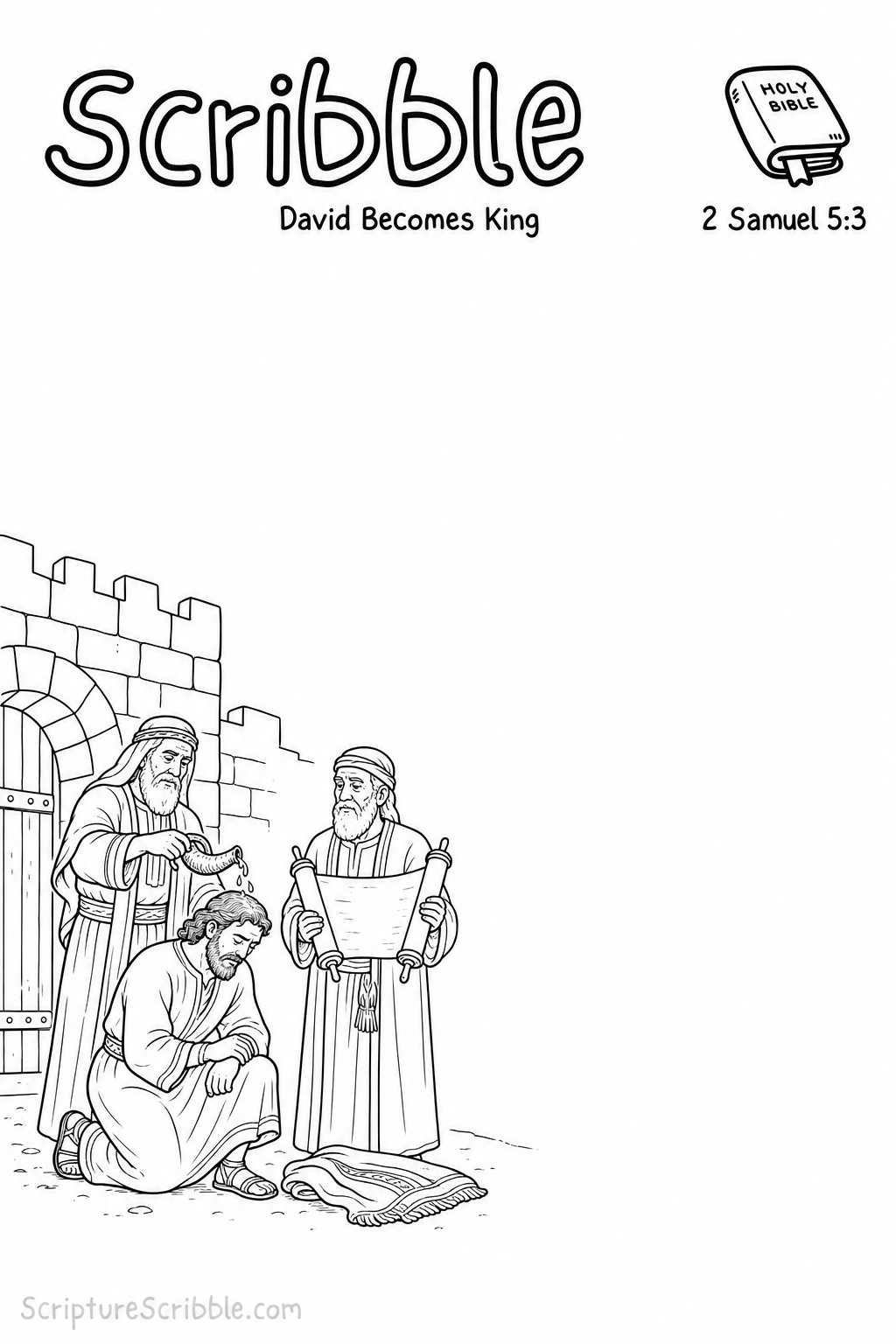 Black-and-white 2 Samuel 5:3 Scribble printable showing elders anointing mature David beside an open covenant scroll at a city gate.
