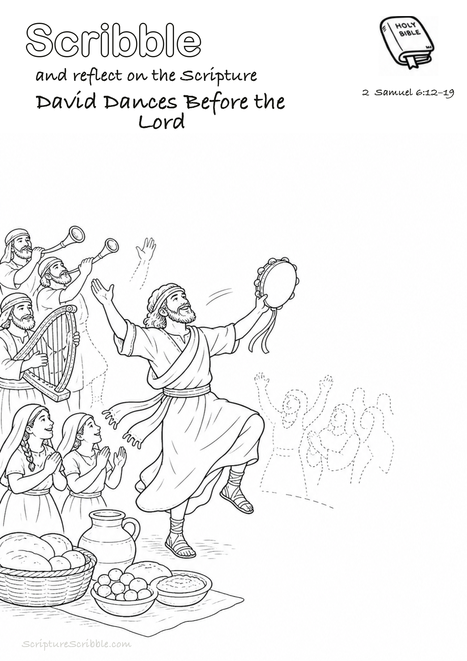 Black-and-white 2 Samuel 6:12–19 devotional drawing page titled David Dances Before the Lord, with a branded header, Bible reference and unfinished Bible scene.