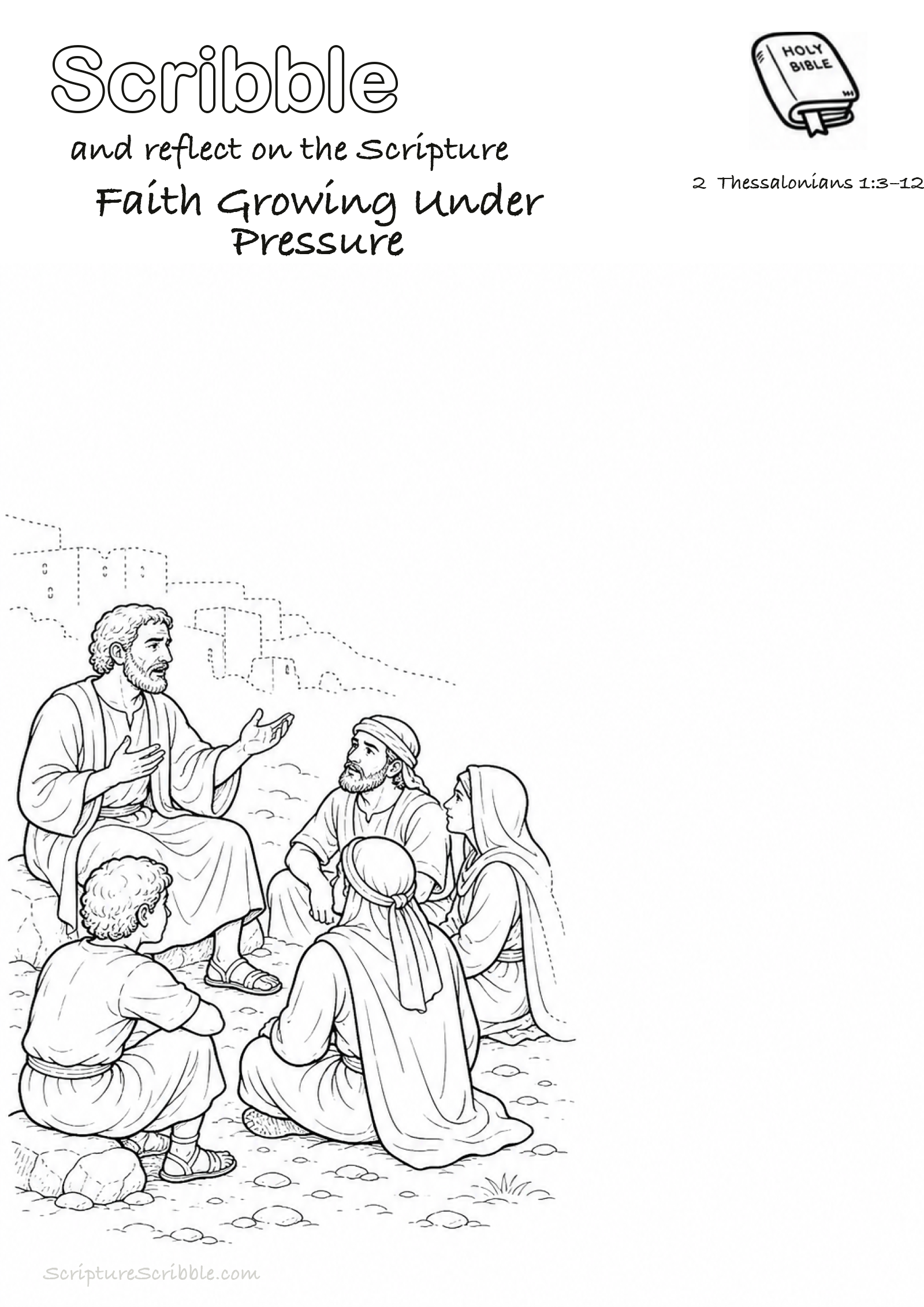 Black-and-white 2 Thessalonians 1:3–12 devotional drawing page titled Faith Growing Under Pressure, with a branded header, Bible reference and unfinished Bible scene.