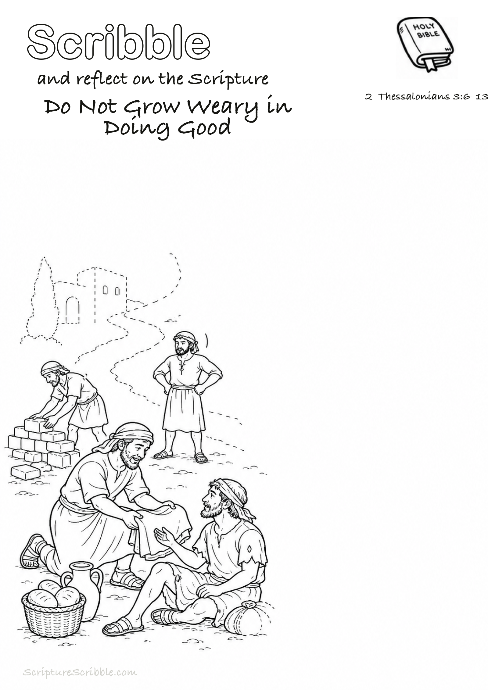 Black-and-white 2 Thessalonians 3:6–13 devotional drawing page titled Do Not Grow Weary in Doing Good, with a branded header, Bible reference and unfinished Bible scene.