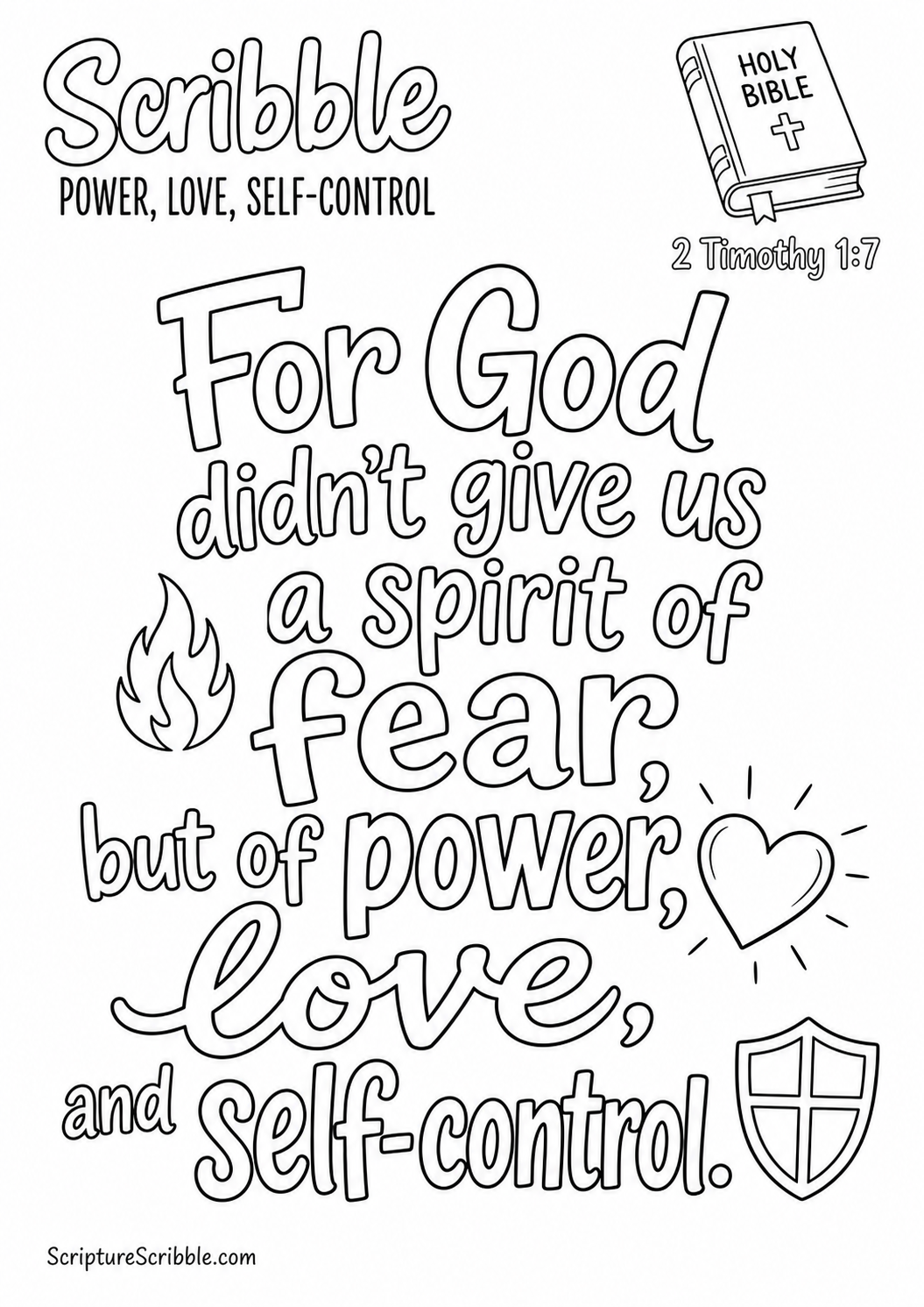 Black-and-white 2 Timothy 1:7 Scripture typography colouring page with the verse in large, clear outlined lettering.
