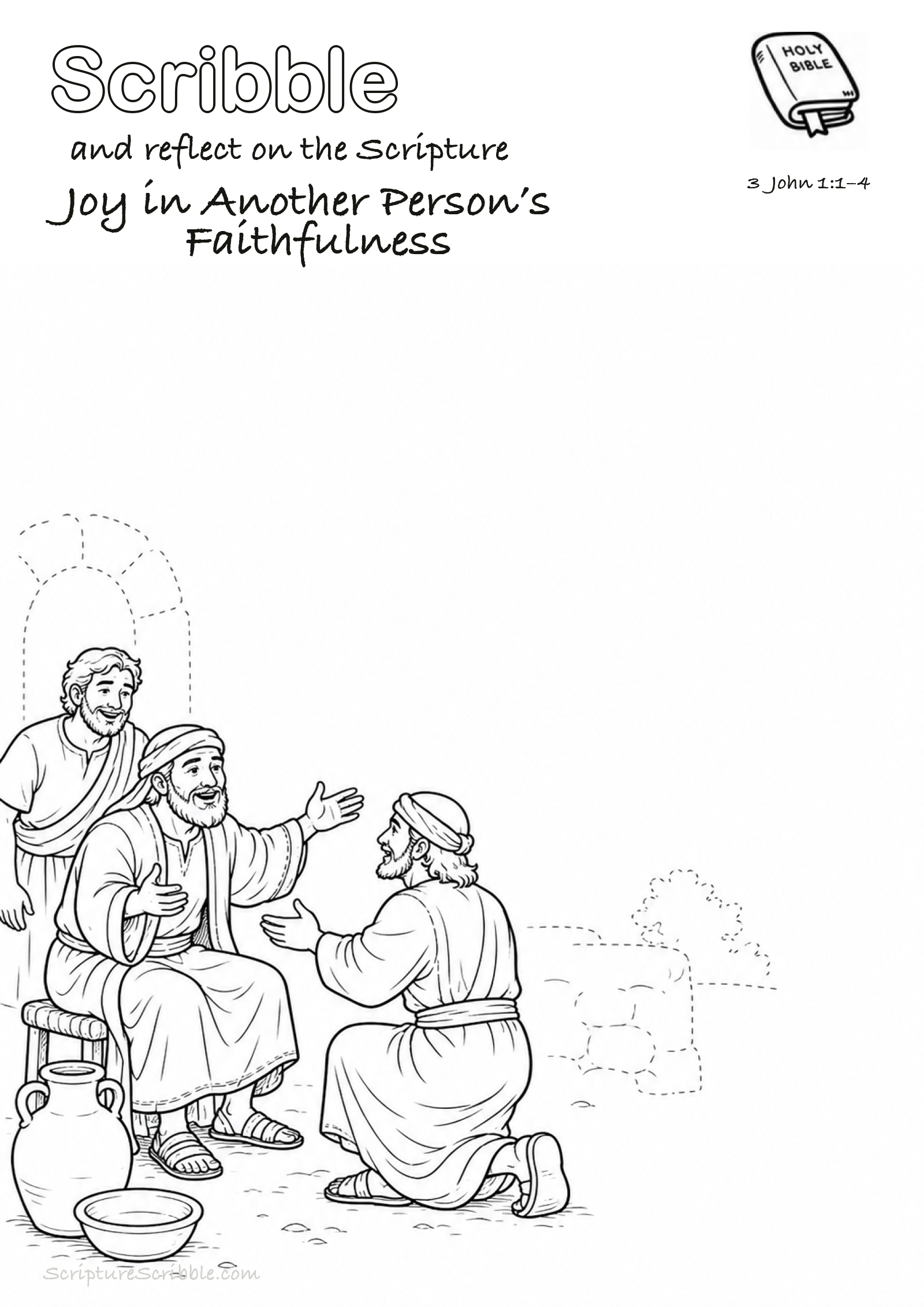Black-and-white 3 John 1:1–4 devotional drawing page titled Joy in Another Person’s Faithfulness, with a branded header, Bible reference and unfinished Bible scene.