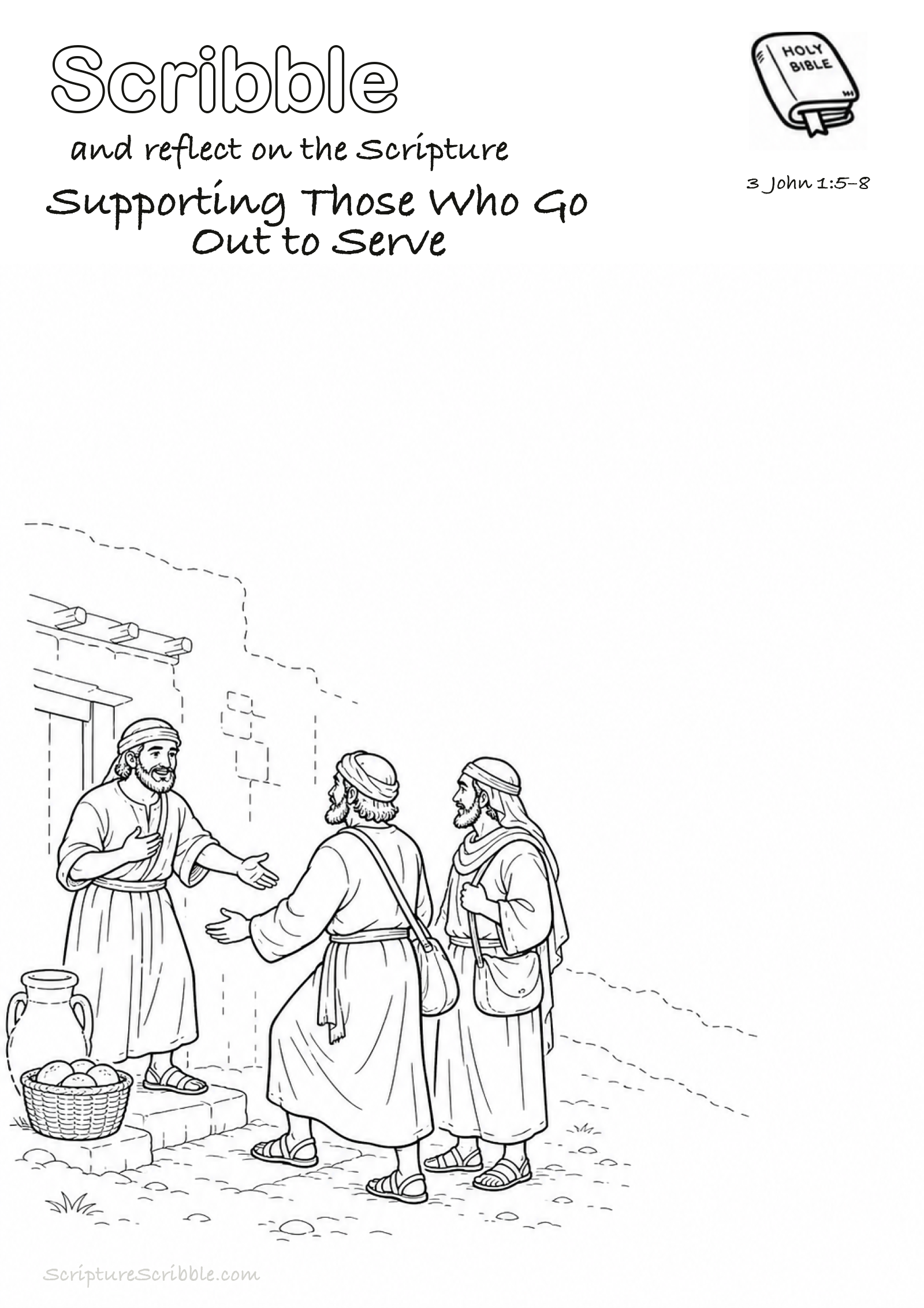 Black-and-white 3 John 1:5–8 devotional drawing page titled Supporting Those Who Go Out to Serve, with a branded header, Bible reference and unfinished Bible scene.