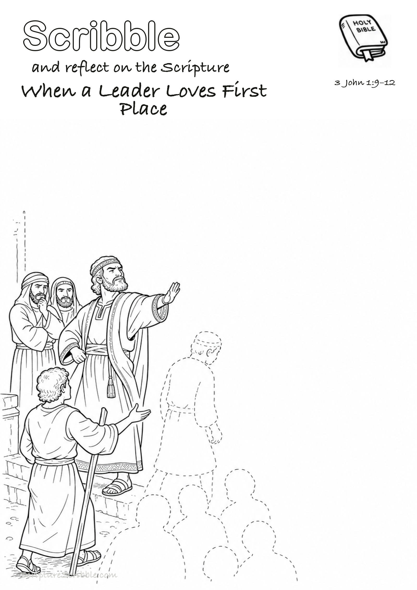 Black-and-white 3 John 1:9–12 devotional drawing page titled When a Leader Loves First Place, with a branded header, Bible reference and unfinished Bible scene.