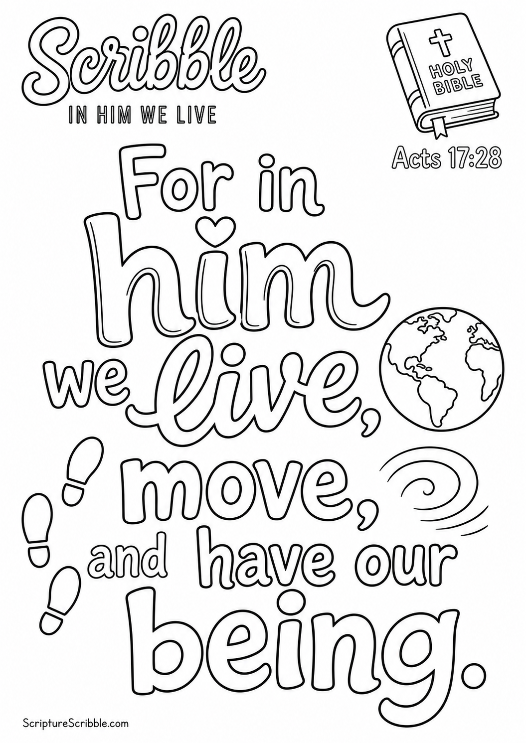 Black-and-white Acts 17:28 Scripture typography colouring page with the verse in large, clear outlined lettering.