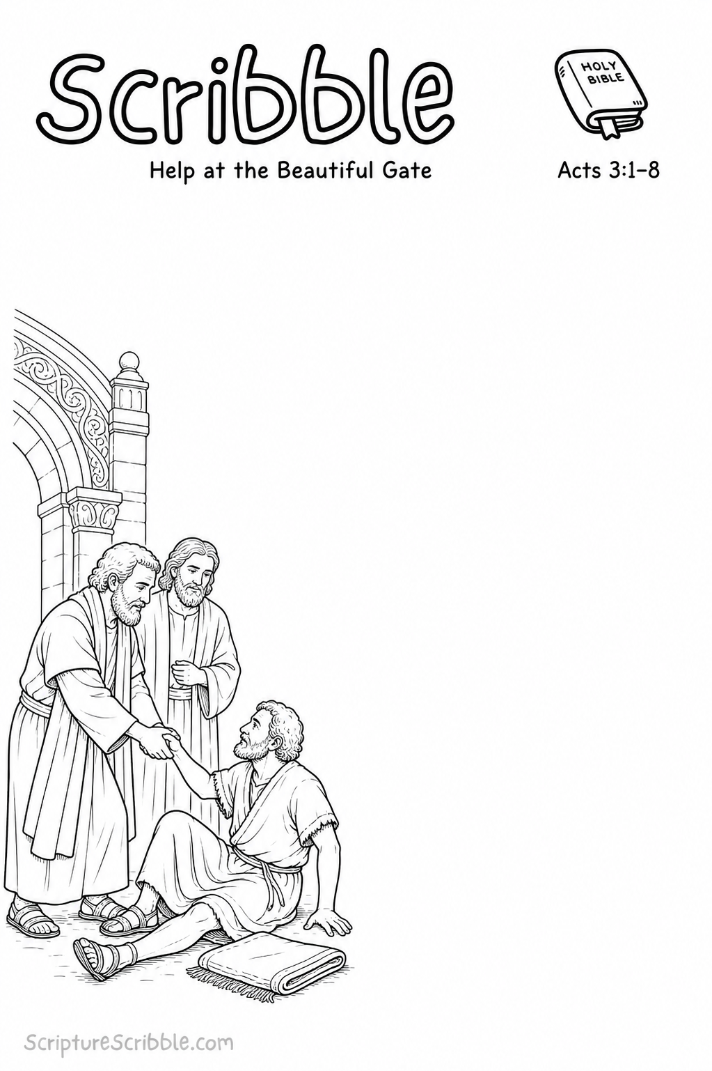 Black-and-white Acts 3:1–8 Scribble printable showing Peter extending a hand to an adult man beside the Beautiful Gate as John watches.