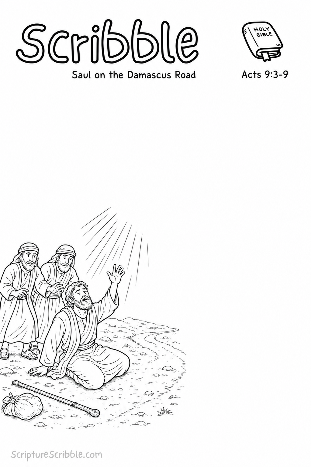 Black-and-white Acts 9:3–9 Scribble printable showing Saul seated beneath rays of light on the Damascus road while two companions stand nearby.
