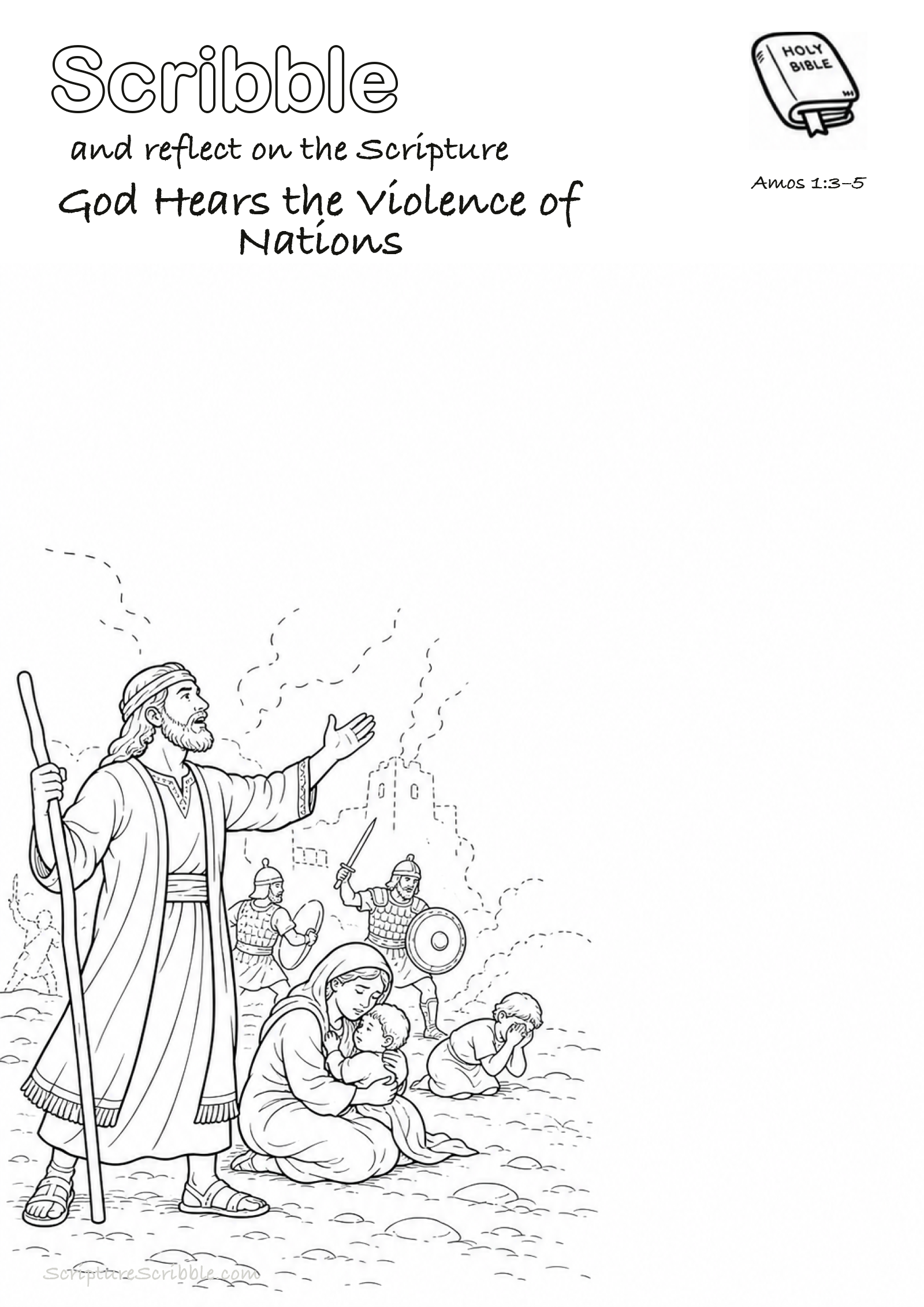 Black-and-white Amos 1:3–5 devotional drawing page titled God Hears the Violence of Nations, with a branded header, Bible reference and unfinished Bible scene.