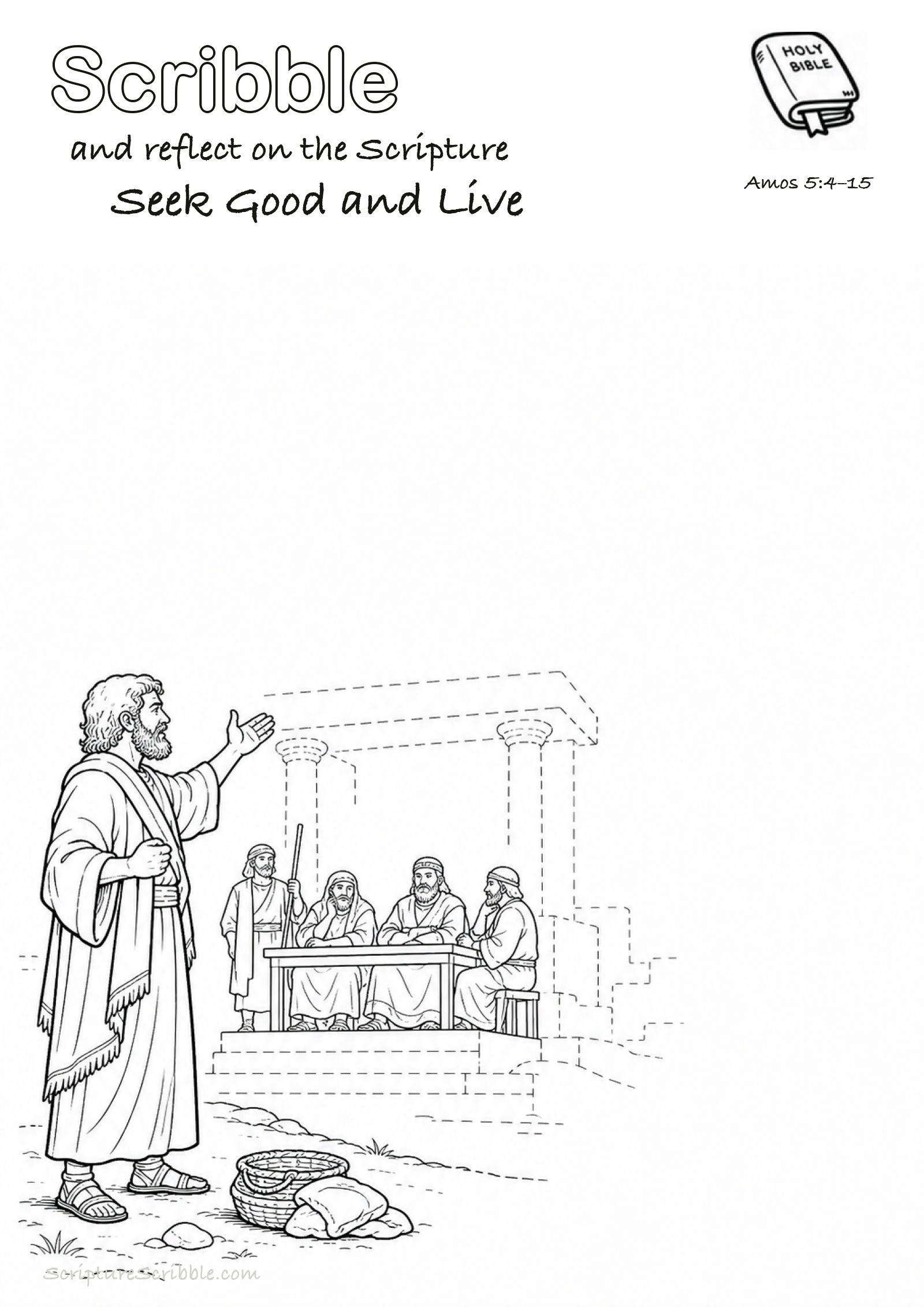 Black-and-white Amos 5:4–15 devotional drawing page titled Seek Good and Live, with a branded header, Bible reference and unfinished Bible scene.