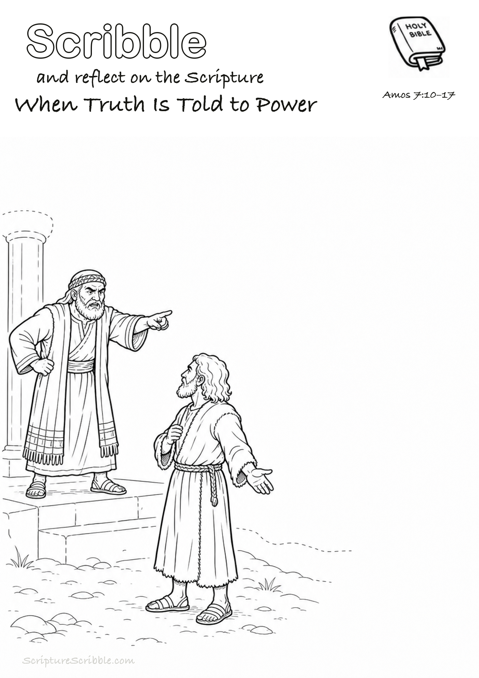Black-and-white Amos 7:10–17 devotional drawing page titled When Truth Is Told to Power, with a branded header, Bible reference and unfinished Bible scene.