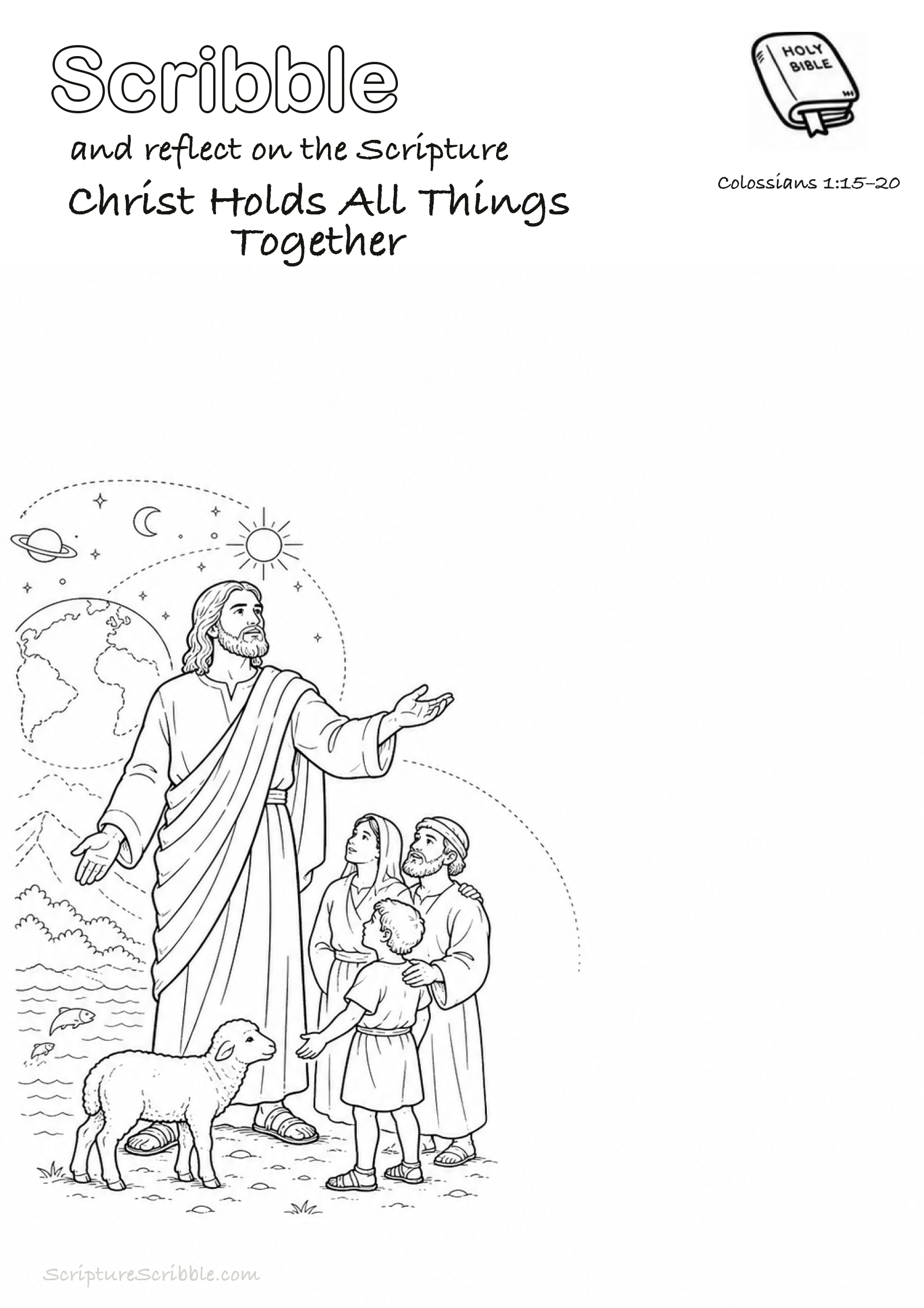 Black-and-white Colossians 1:15–20 devotional drawing page titled Christ Holds All Things Together, with a branded header, Bible reference and unfinished Bible scene.