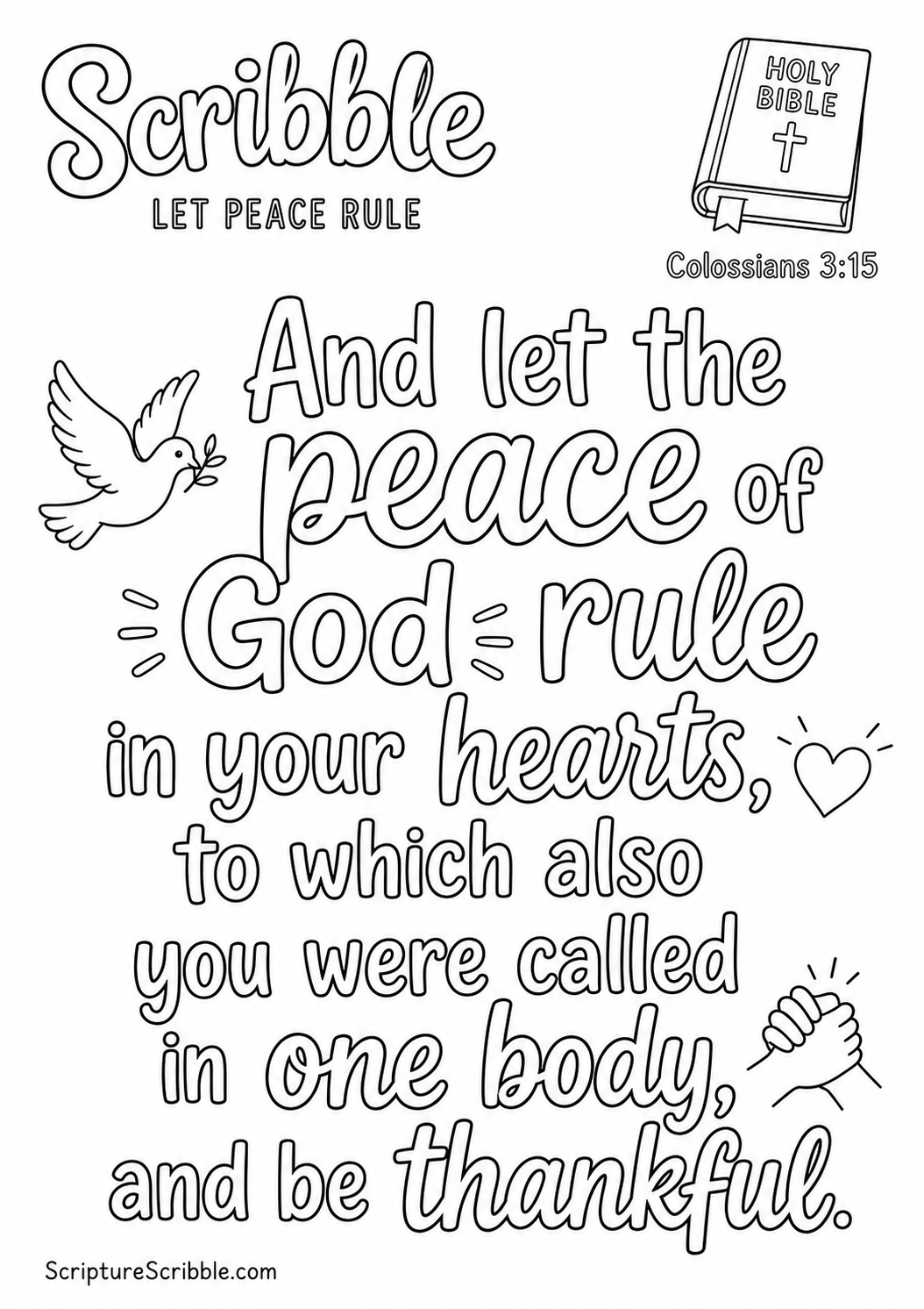 Black-and-white Colossians 3:15 Scripture typography colouring page with the verse in large, clear outlined lettering.