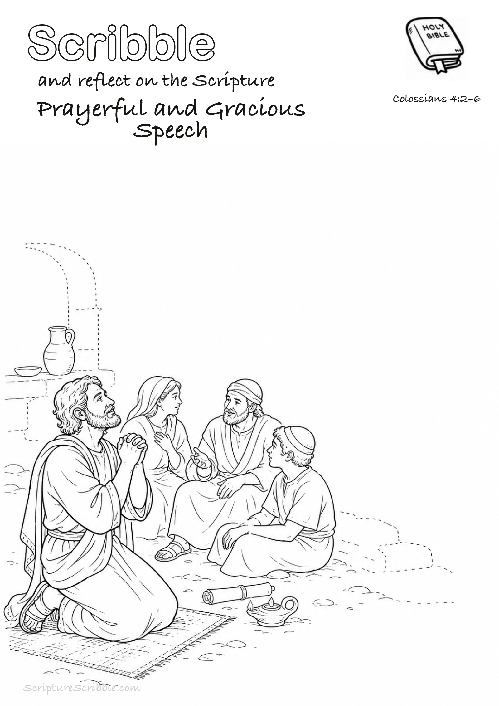 Black-and-white Colossians 4:2–6 devotional drawing page titled Prayerful and Gracious Speech, with a branded header, Bible reference and unfinished Bible scene.