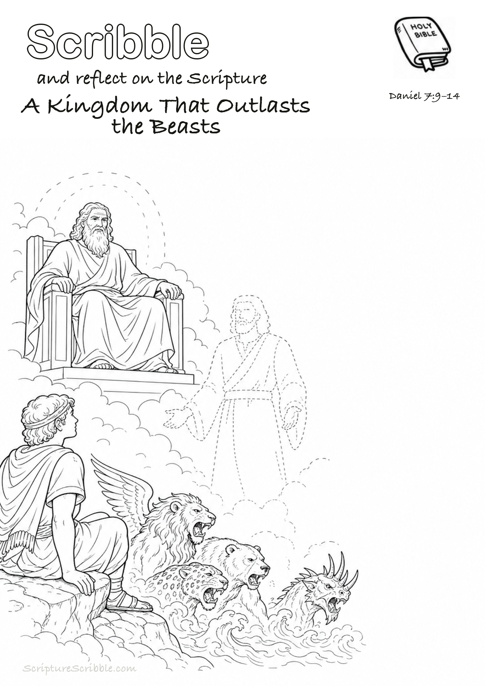 Black-and-white Daniel 7:9–14 devotional drawing page titled A Kingdom That Outlasts the Beasts, with a branded header, Bible reference and unfinished Bible scene.