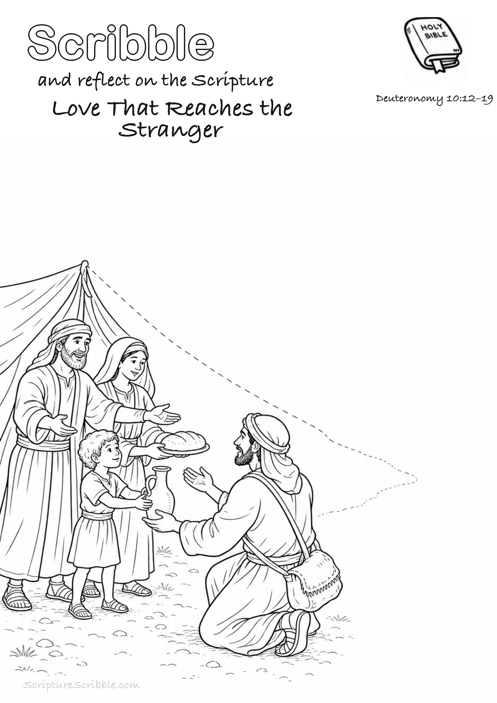 Black-and-white Deuteronomy 10:12–19 devotional drawing page titled Love That Reaches the Stranger, with a branded header, Bible reference and unfinished Bible scene.