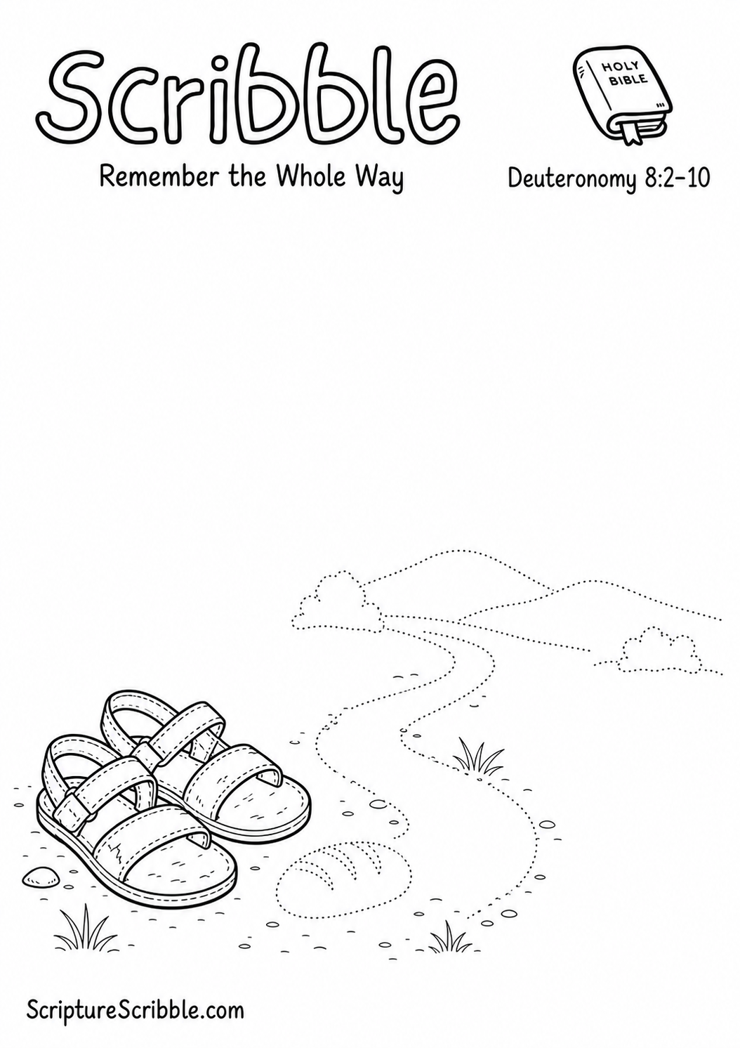 Black-and-white Deuteronomy 8:2–10 devotional drawing printable titled Remember the Whole Way, with an incomplete worn sandals, bread and unfinished road scene to finish